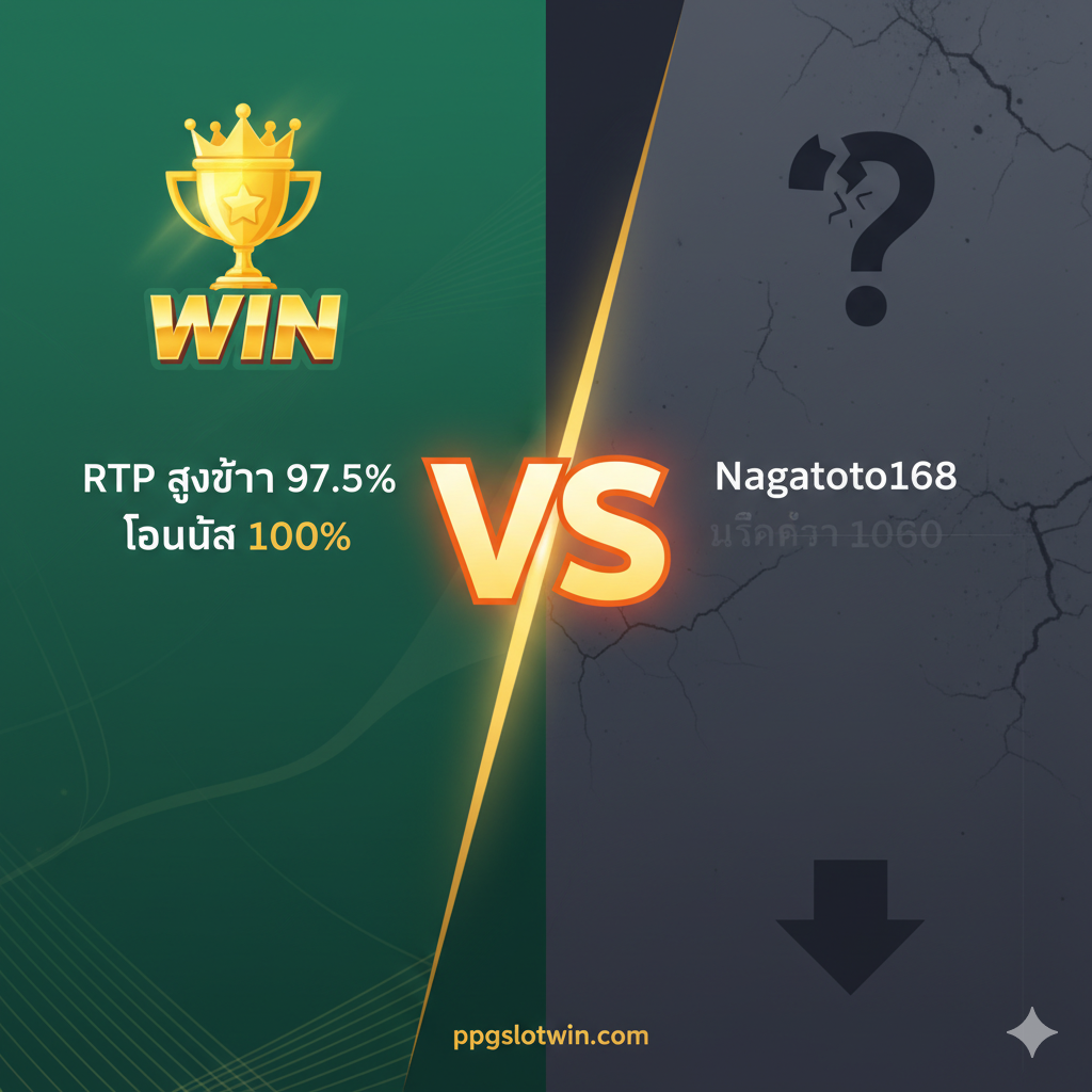 ออกแบบรูปภาพเปรียบเทียบเพื่อเน้นความได้เปรียบของ ppgslotwin.com เหนือ Nagatoto168 โครงสร้างภาพเป็นแบบเปรียบเทียบซ้ายขวา ด้านซ้าย (ppgslotwin.com) ใช้โทนสีทอง/เขียวสดใส ด้านบนมีถ้วยรางวัลแห่งชัยชนะหรือสัญลักษณ์ “WIN” และมีข้อความภาษาไทยเด่นชัดว่า “RTP สูงกว่า 97.5%” และ “โบนัส 100%” ด้านขวา (Nagatoto168) ใช้โทนสีเทา/น้ำเงินหม่น ด้านบนมีเครื่องหมายคำถามหรือโซ่ที่ขาดออกจากกัน ตรงกลางมีสัญลักษณ์ “V.S.” หรือลูกศรชี้ขึ้น/ลงขนาดใหญ่เพื่อแยกและเน้นการเปรียบเทียบ ภาพนี้ควรแสดงข้อมูลตารางในบทความให้เห็นเป็นภาพ โดยเน้นที่ความเสถียรและผลตอบแทนที่สูงกว่า