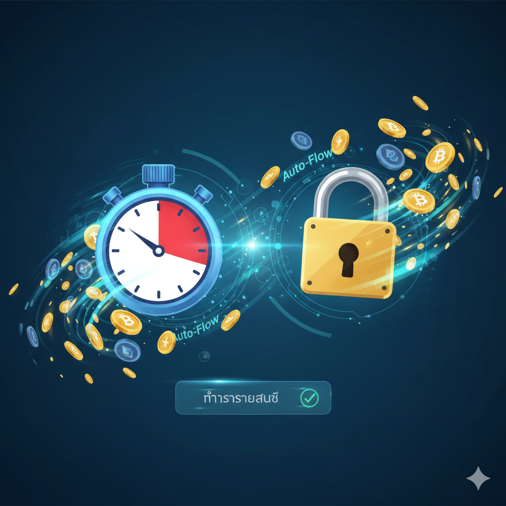 ภาพประกอบสำหรับส่วน 'ระบบเสถียร ฝาก-ถอน ออโต้' เน้นภาพกราฟิกแสดงความรวดเร็วและความปลอดภัย องค์ประกอบหลักคือไอคอนรูปนาฬิกาจับเวลา (ความเร็ว) และแม่กุญแจ (ความปลอดภัย) ล้อมรอบด้วยเหรียญทองหรือสัญลักษณ์สกุลเงินดิจิทัลที่กำลังไหลเวียนอย่างรวดเร็ว (Auto-Flow) ใช้โทนสีฟ้า/เขียวมินต์ที่สื่อถึงเทคโนโลยีและความน่าเชื่อถือ มีแถบอินเทอร์เฟซเล็กๆ แสดงการทำธุรกรรม 'สำเร็จ' (Success) อย่างทันที