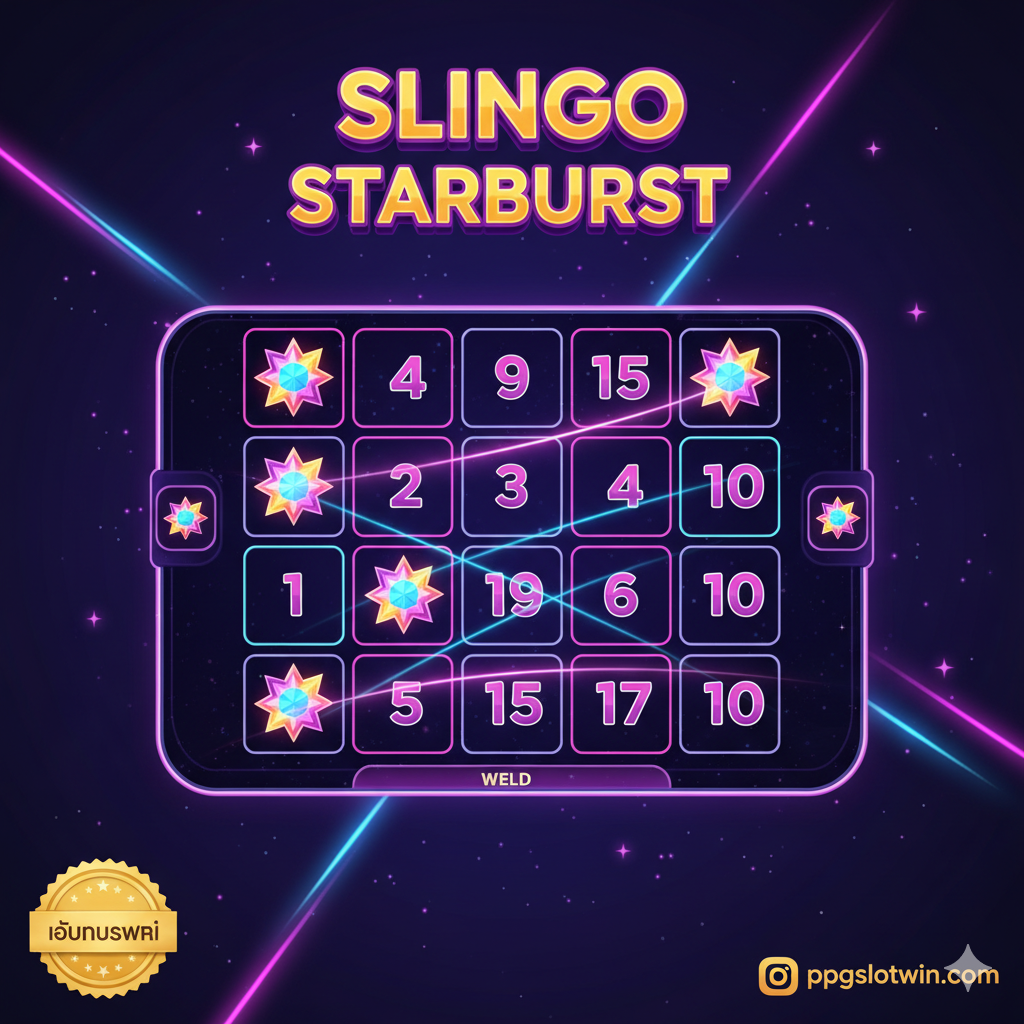 ภาพหน้าปกเกม Slingo Starburst Slot ที่เน้นความตื่นเต้นและพรีเมียมของเว็บไซต์ ppgslotwin.com โดยแสดงหน้าจอเกมหลัก 5x5 ที่มีตัวเลขและสัญลักษณ์ Starburst Wilds ส่องแสงเป็นประกาย สีหลักควรเป็นสีม่วงเข้มและน้ำเงินตามธีม Starburst พร้อมแสงนีออนและดาวระยิบระยับ มีโลโก้ 'Slingo Starburst' ชัดเจน และมุมล่างมีป้ายหรือไอคอนเล็กๆ ที่มีข้อความ 'โบนัสฟรี' หรือ 'ppgslotwin.com' เพื่อเชื่อมโยงกับเว็บไซต์ เน้นองค์ประกอบของการทำ 'Slingo' ที่เกือบจะเสร็จสมบูรณ์เพื่อสร้างความรู้สึกน่าดึงดูดใจ