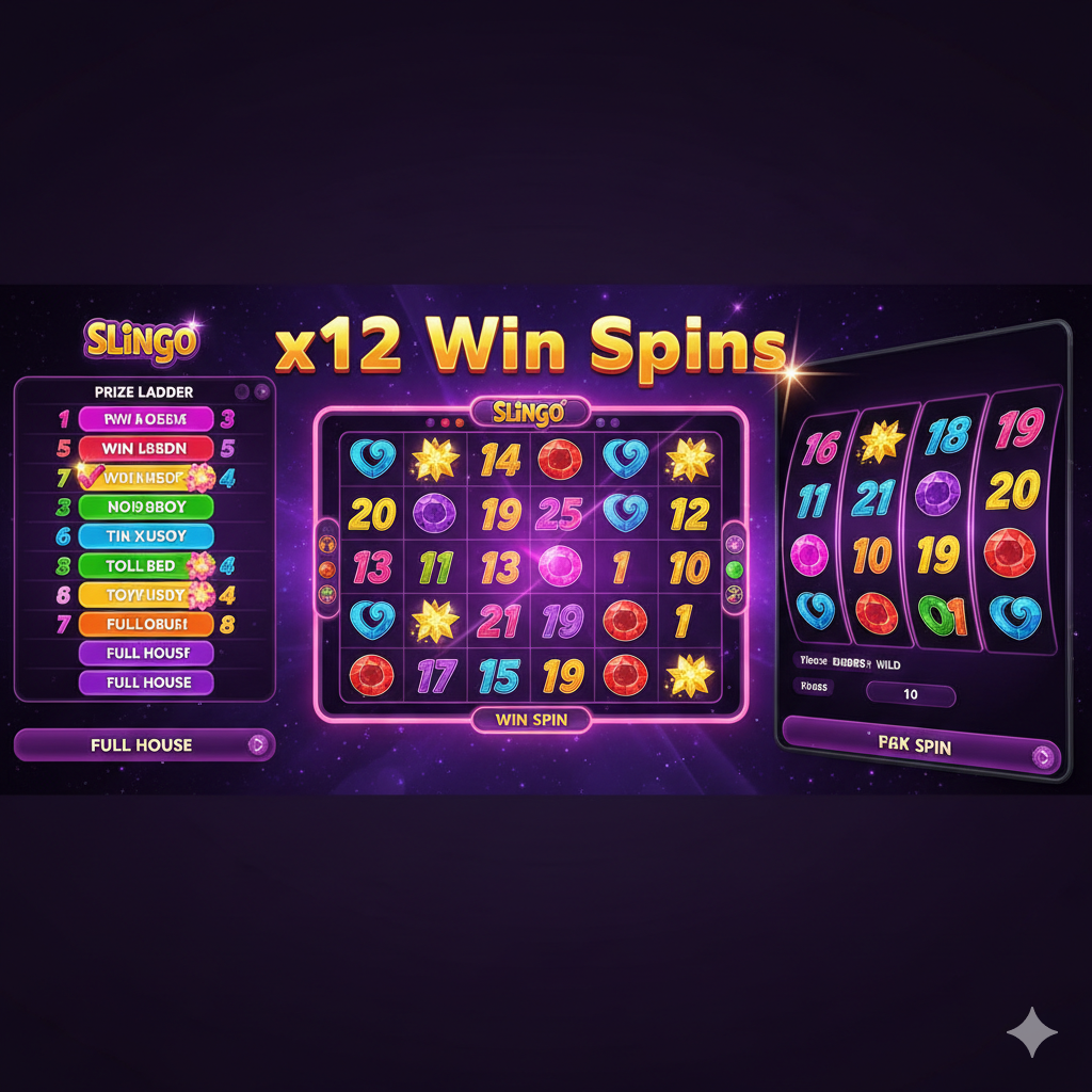 ภาพเน้นฟีเจอร์ 'Win Spin' ซึ่งเป็นกลไกหลักของเกม โดยแสดงตารางรางวัลด้านข้าง (Prize Ladder) ที่มี Slingos มากกว่า 8 อันถูกทำเครื่องหมายไว้ โดยมีเส้นทางเดินขึ้นไปสู่รางวัลใหญ่ที่เป็น 'Win Spin' หรือ 'Full House' องค์ประกอบหลักคือการเปรียบเทียบระหว่างตาราง Slingo 5x5 และหน้าจอ Starburst Slot ที่มี Starburst Wilds ขยายเต็มวงล้อ พร้อมตัวเลข 'x12 Win Spins' เป็นจุดเด่น ใช้สีสันสดใสและแสงสะท้อนที่บ่งบอกถึงการชนะรางวัลใหญ่ เน้นความสำคัญของ Win Spin ระดับสูงที่เป็นกุญแจสู่การ 'แตกง่าย'