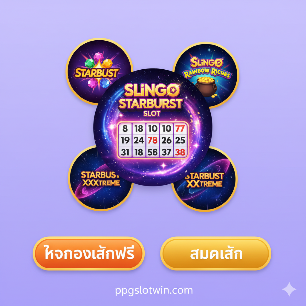 ภาพสรุปและแนะนำเกมอื่นๆ ที่เกี่ยวข้อง โดยใช้รูป Starburst (ดั้งเดิม) และ Slingo Rainbow Riches หรือ Starburst XXXtreme เป็นภาพย่อยๆ ล้อมรอบภาพหลักของ Slingo Starburst Slot ใช้การจัดวางแบบ Collage หรือ Thumbnail ที่ดูทันสมัยและดึงดูดใจ มีปุ่ม 'ทดลองเล่นฟรี' หรือ 'สมัครเล่น' ที่เน้นสีส้มหรือสีทองโดดเด่นเพื่อกระตุ้นให้คลิก พื้นหลังควรเป็นสีที่ดูเป็นมิตรและเป็นกันเอง เช่น สีฟ้าสดใสหรือสีม่วงพาสเทล เพื่อสื่อถึงบทสรุปที่เชิญชวนให้เข้าร่วมเล่นเกมที่ ppgslotwin.com