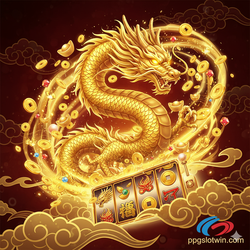 一张极具视觉冲击力的封面图،主题为'Gold Dragon Slot'。画面中央是一条威엄的金龙,全身金光闪耀,腾空而起،周围环绕着金币和元宝،背景是深邃的、带有东方元素的红色和金色祥云。构图应充满活力和财富感،金龙的眼睛应炯炯有神،暗示着好运และ巨额奖金。风格应是高端、豪华、充满科技感的亚洲博彩艺术،并巧妙地加入'ppgslotwin.com'的标志性色彩(如蓝色或红色)或微小的logo在角落،但金龙仍是焦点。