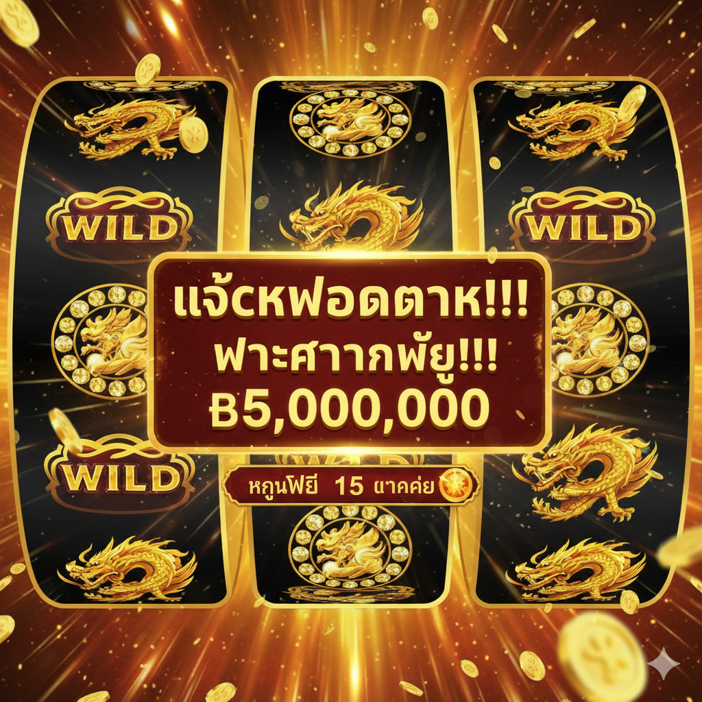 功能图片،聚焦于'แตกง่าย'(易爆奖)และ'Free Spin'特性。画面为一个典型的老虎机游戏界面特写،展示了卷轴上布满金色龙形WildและScatter符号،屏幕中央弹出一个巨大的'JACKPOT WIN'หรือ'BIG WIN'提示框،金额数字以泰铢形式闪烁。背景虚化为游戏机的光影效果،主色调为金色และ红色،强调游戏的高回报率และ刺激的奖励机制。构图应是动态的،模拟中奖瞬间的爆炸感。