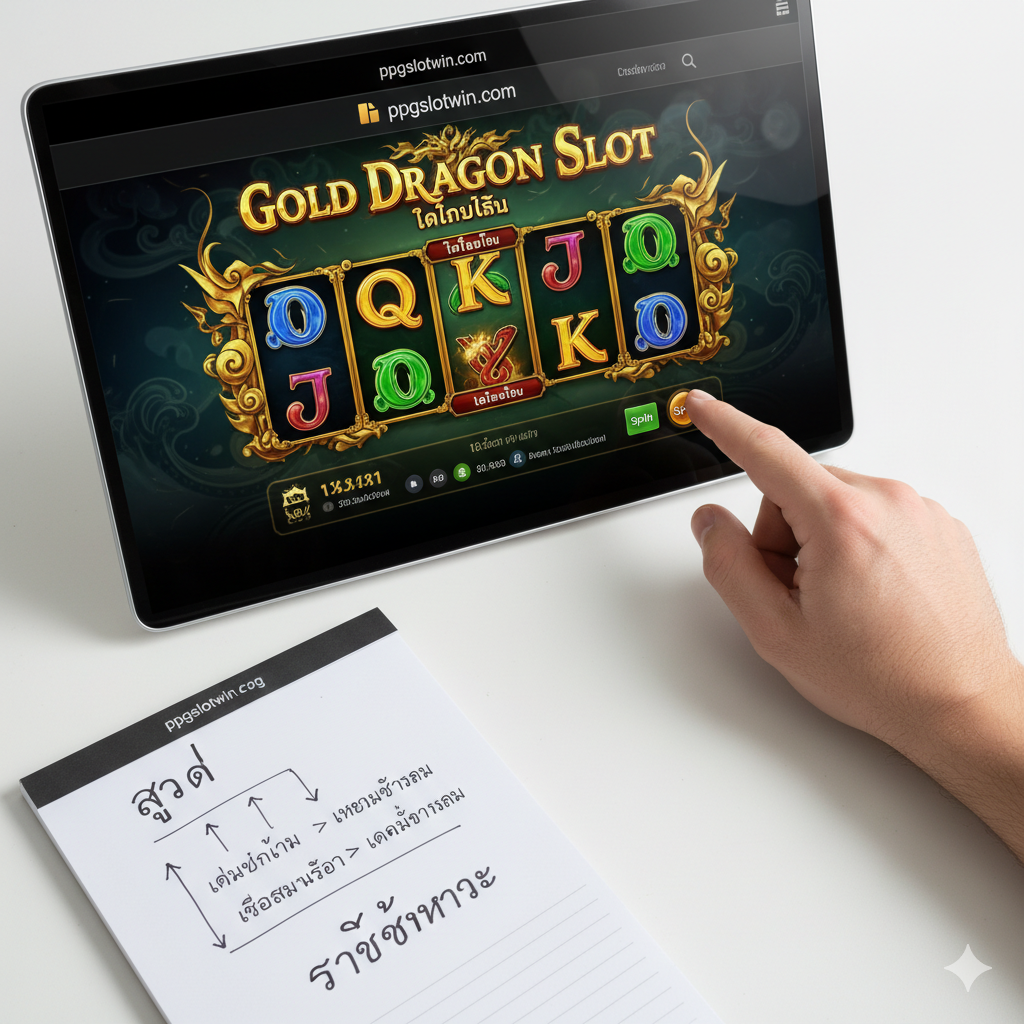 教程图片،展示玩家使用策略进行游戏。画面应为一个俯视或侧视的电脑或手机屏幕،正在运行'Gold Dragon Slot ทดลองเล่น'界面。一只手（可为男士或女士的手，暗示玩家群体）正准备点击'Spin'按钮،旁边是一个小笔记本或纸张،上面用泰语写着'สูตร'（公式/技巧）และ一些简单的策略图表،如低注开始，高注提升的箭头。整体风格清晰、明亮،营造出理性分析、有计划地进行游戏的氛围،强调'จับจังหวะ'（抓住时机）的重要性。