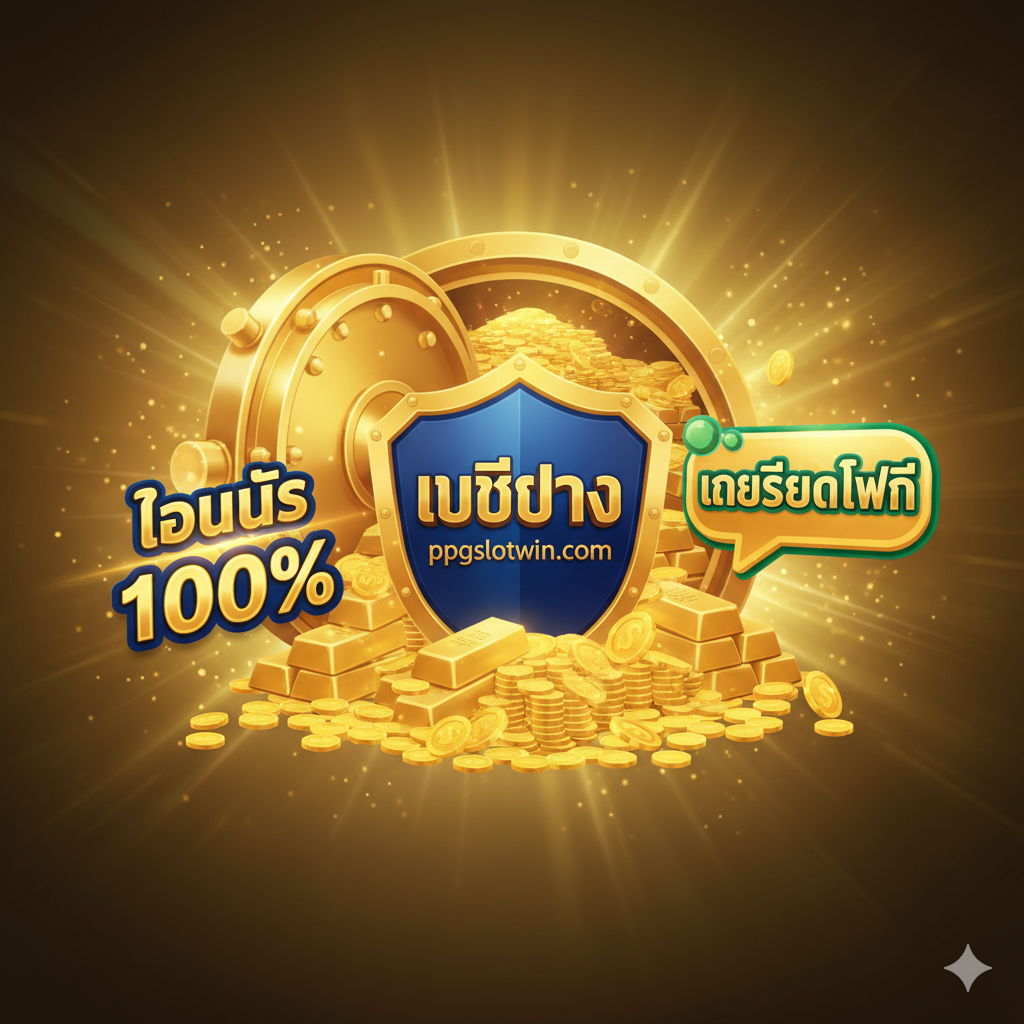 优势图片،强调'เว็บตรง'(เว็บตรง ไม่ผ่านเอเย่นต์ - 直接网站،不通过代理)และ'เครดิตฟรี'。画面为一个抽象化的金库或保险箱打开的场景،里面堆满了金币،同时有一个金色的盾牌或印章،上面有醒目的泰语'เว็บตรง ppgslotwin.com'。左侧或右侧有文字标签或气泡突出显示'โบนัส 100%'และ'เครดิตฟรี'。色彩明亮،以金色和象征信赖的深蓝色/绿色为主،构图简洁有力،旨在传递安全、可信赖和优惠丰厚的平台优势。