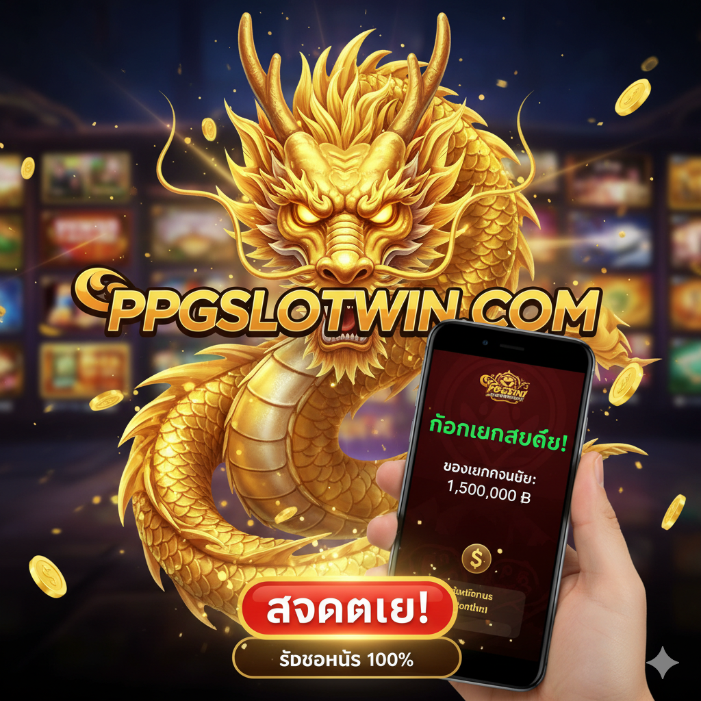 总结和行动号召图片。画面融合了'มังกรทอง'และ'การถอนเงิน'（提款）的元素。中央是一条金龙的头部特写،背景是ppgslotwin.com的虚拟大厅或App界面。前景突出一个手机屏幕特写،显示成功的提款通知或大额账户余额。下方或旁边有一个醒目的泰语Call to Action按钮،如'สมัครเลย!'（立即注册）หรือ'รับโบนัส 100%'。整体风格积极向上،色彩饱和度高،激发玩家立即行动的欲望،将财富和便利性（快速提款）联系起来。