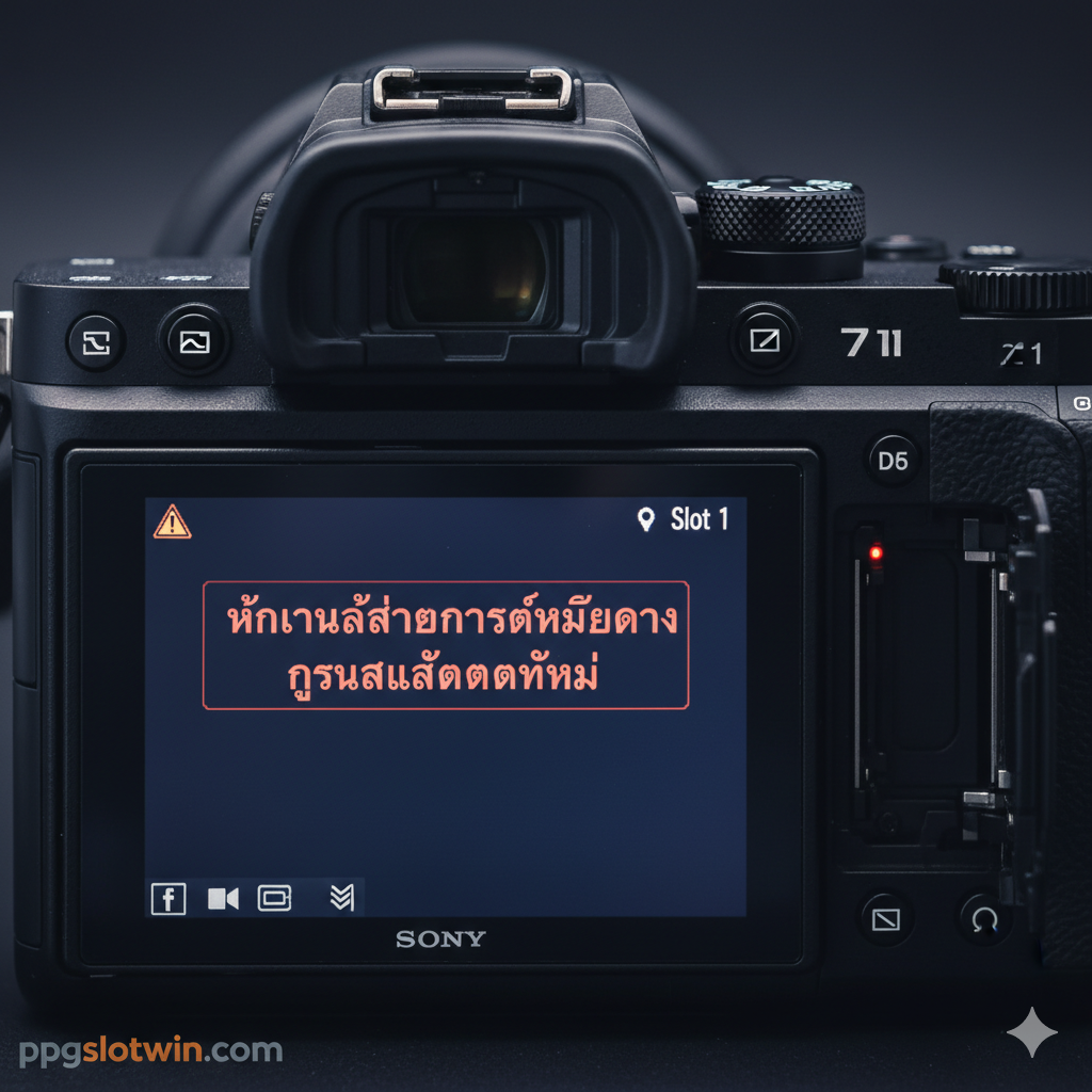 ภาพถ่ายมุมใกล้ (Close-up) ที่มุ่งเน้นไปยังหน้าจอ LCD ของกล้อง Sony a7 III ที่แสดงข้อความแจ้งเตือนสีแดงหรือส้มเด่นชัด เช่น "Unable to Read Memory Card" หรือ "Reinsert Memory Card" โดยมีพื้นหลังเป็นช่องใส่การ์ดหน่วยความจำ Slot 1 ที่ว่างเปล่าหรือมีการ์ดเสียบอยู่แต่มีไฟสถานะกระพริบ แสดงถึงปัญหา โทนสีภาพควรเป็นสีเข้มแบบเทคนิค (Tech feel) โดยเน้นความคมชัดของกล้องและข้อความผิดพลาด เพื่อสื่อถึงความเร่งด่วนของปัญหา