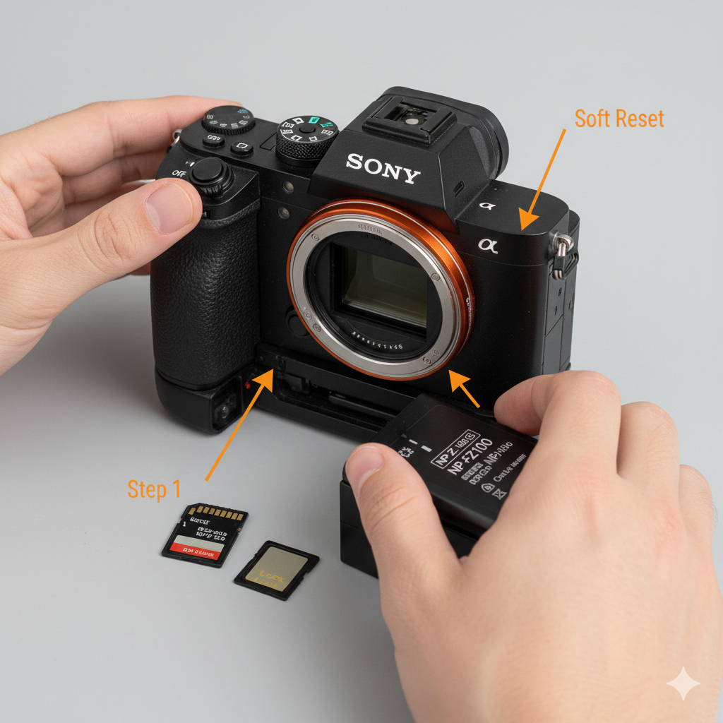 ภาพลำดับขั้นตอน (Step-by-step visual) ที่เป็นมือของผู้ใช้กำลังดำเนินการแก้ไขปัญหาเบื้องต้น โดยขั้นตอนที่ 1 คือมือหนึ่งกำลังปิดสวิตช์กล้อง (Power Off) และอีกมือหนึ่งกำลังถอดแบตเตอรี่ออกจากช่องใส่แบตเตอรี่ ภาพควรรวมถึงการ์ด SD ที่ถูกถอดออกมาวางอยู่ข้างๆ กล้อง Sony a7 III เน้นสีส้มหรือสีเหลืองเพื่อดึงดูดสายตาไปยังการ์ด SD และแบตเตอรี่ เพื่อสื่อถึงขั้นตอน 'Soft Reset' และการตรวจสอบการ์ด 'Lock' / 'Unlock'