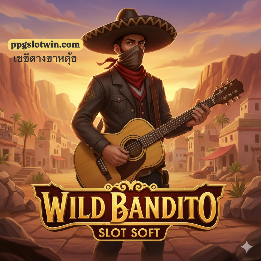 一張充滿ชีวิตชีวา和冒險精神的封面圖，主題為 Wild Bandito Slot PG Soft。畫面中央是遊戲的主人公，一個戴著墨西哥闊邊帽、蒙面、手持吉他的強盜形象（'El Bandito'），背景是乾燥炎熱的墨西哥沙漠小鎮或峽谷，配以夕陽的金黃色調。色彩鮮明，對比強烈，突出 PG Soft 遊戲的精美視覺效果。左上角或右下角醒目標注 'ppgslotwin.com เว็บตรงแตกง่าย' (ppgslotwin.com เว็บตรงแตกง่าย) เพื่อ強調目標站點。