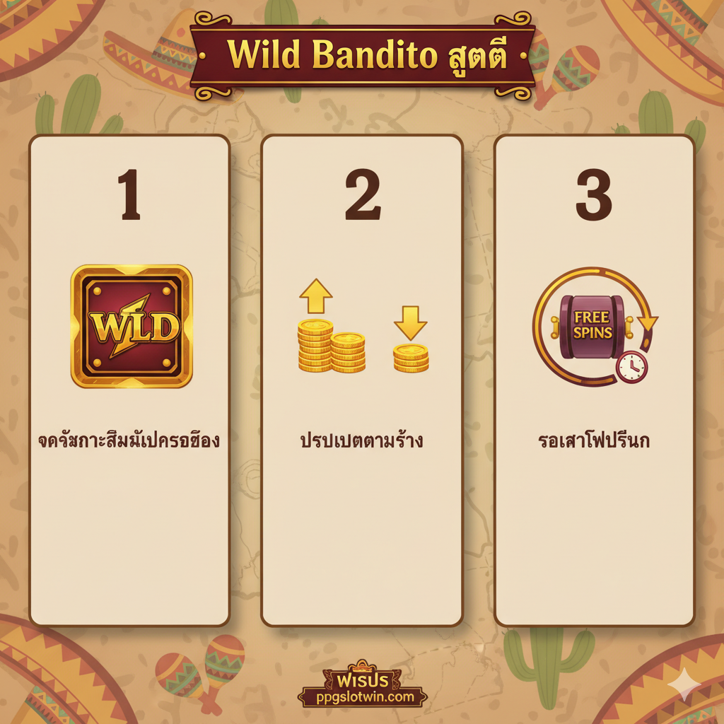 一張簡潔明了的教程指導圖,關於 'Wild Bandito สูตร' (Wild Bandito สูตร) 和玩法。圖片可以是一個三步走的流程圖或信息圖,例如:Step 1: 'จับจังหวะสัญลักษณ์กรอบทอง' (觀察金框符號),Step 2: 'ปรับเบทตามช่วง' (分階段調整投注),Step 3: 'รอเข้าฟรีสปิน' (等待進入免費旋轉)。背景使用柔和的墨西哥花紋或地圖元素