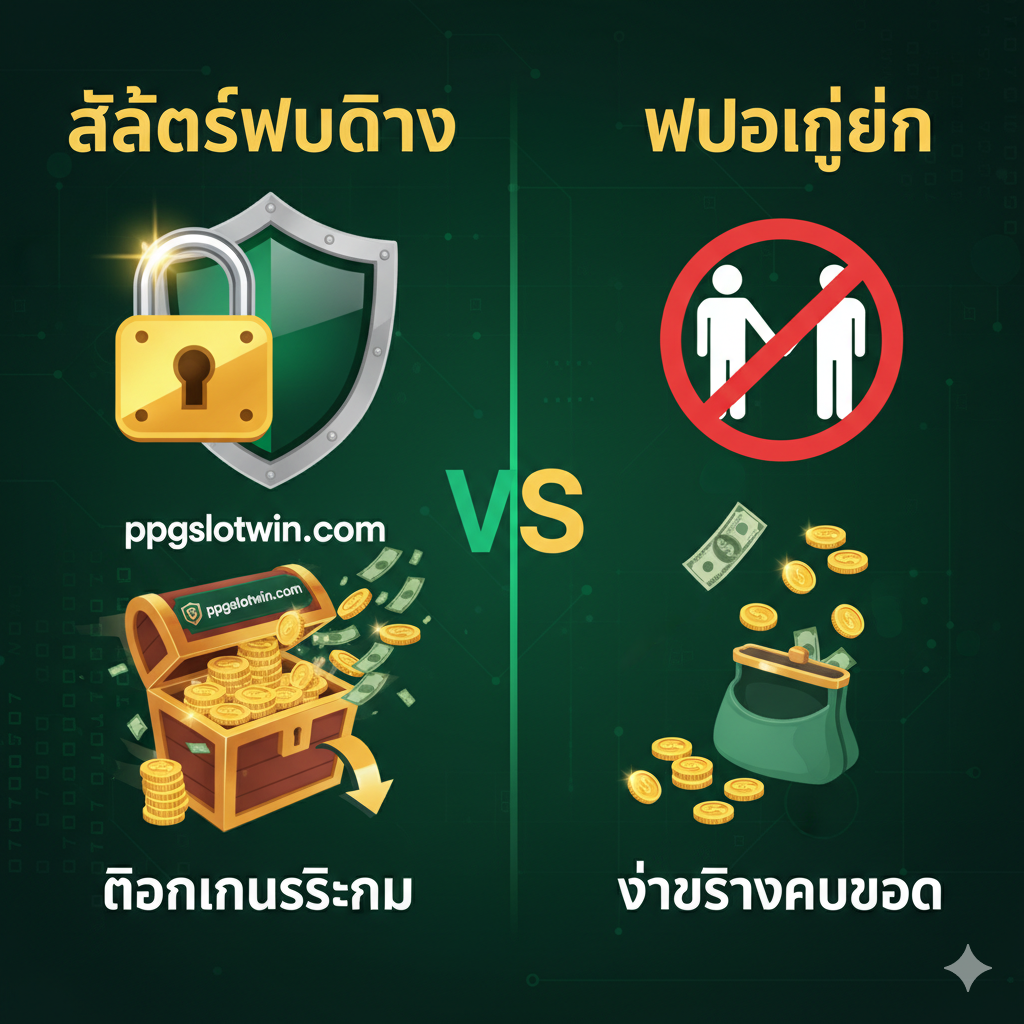 ภาพแสดงความแตกต่างระหว่าง 'สล็อตเว็บตรง' กับ 'เว็บเอเย่นต์' โดยใช้ภาพเชิงเปรียบเทียบ ด้านซ้ายเป็นไอคอนรูปแม่กุญแจและโล่ (แสดงถึงความปลอดภัยและความมั่นคงของเว็บตรง) ด้านขวามีไอคอนรูปคนกลางหรือตัวแทน (แสดงถึงความยุ่งยากของเว็บเอเย่นต์) เน้นองค์ประกอบของเงินที่กำลังไหลเข้าบัญชีอย่างรวดเร็ว (Fast Withdrawal) เพื่อสื่อถึงการ 'จ่ายจริง' ของ ppgslotwin.com โทนสีเขียวและทองเด่นชัด เพื่อแสดงถึงความมั่นคงและความมั่งคั่งตามจุดประสงค์ของส่วนที่ 4 ของบทความ
