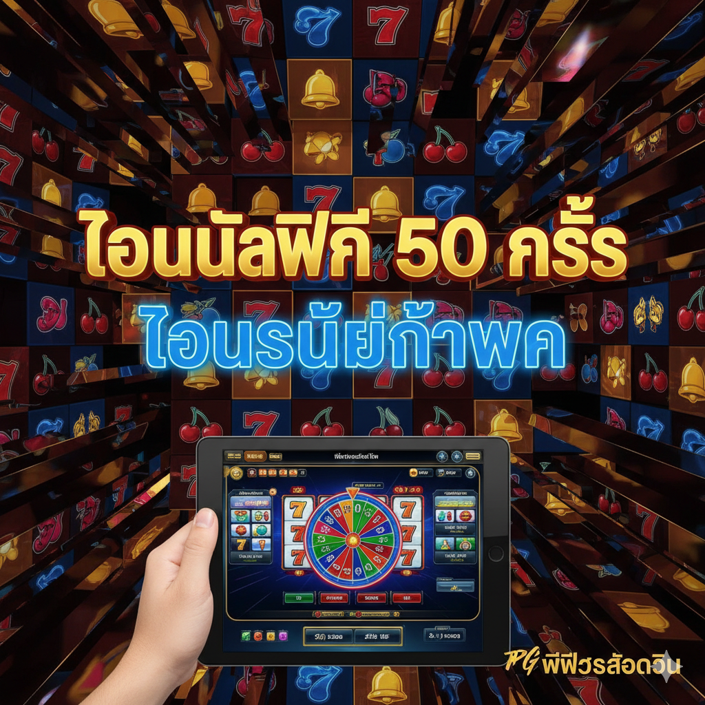 Una composizione vibrante e accattivante per la copertina dell'articolo. Al centro, un grande titolo in stile neon che recita "50 FREE SPINS" o "BONUS SENZA DEPOSITO". Lo sfondo dovrebbe essere un mosaico di icone di slot machine (ciliegie, sette, campane) in stile digitale e lucido. In primo piano, una mano che tiene uno smartphone/tablet che mostra la schermata di gioco di una slot. Dominano i colori vivaci (oro, rosso e blu elettrico) per trasmettere eccitazione e lusso. Include il logo o una stilizzazione del nome "ppgslotwin.com" in un angolo in modo discreto ma riconoscibile. Il design è pulito e orientato all'attrazione immediata per il bonus.