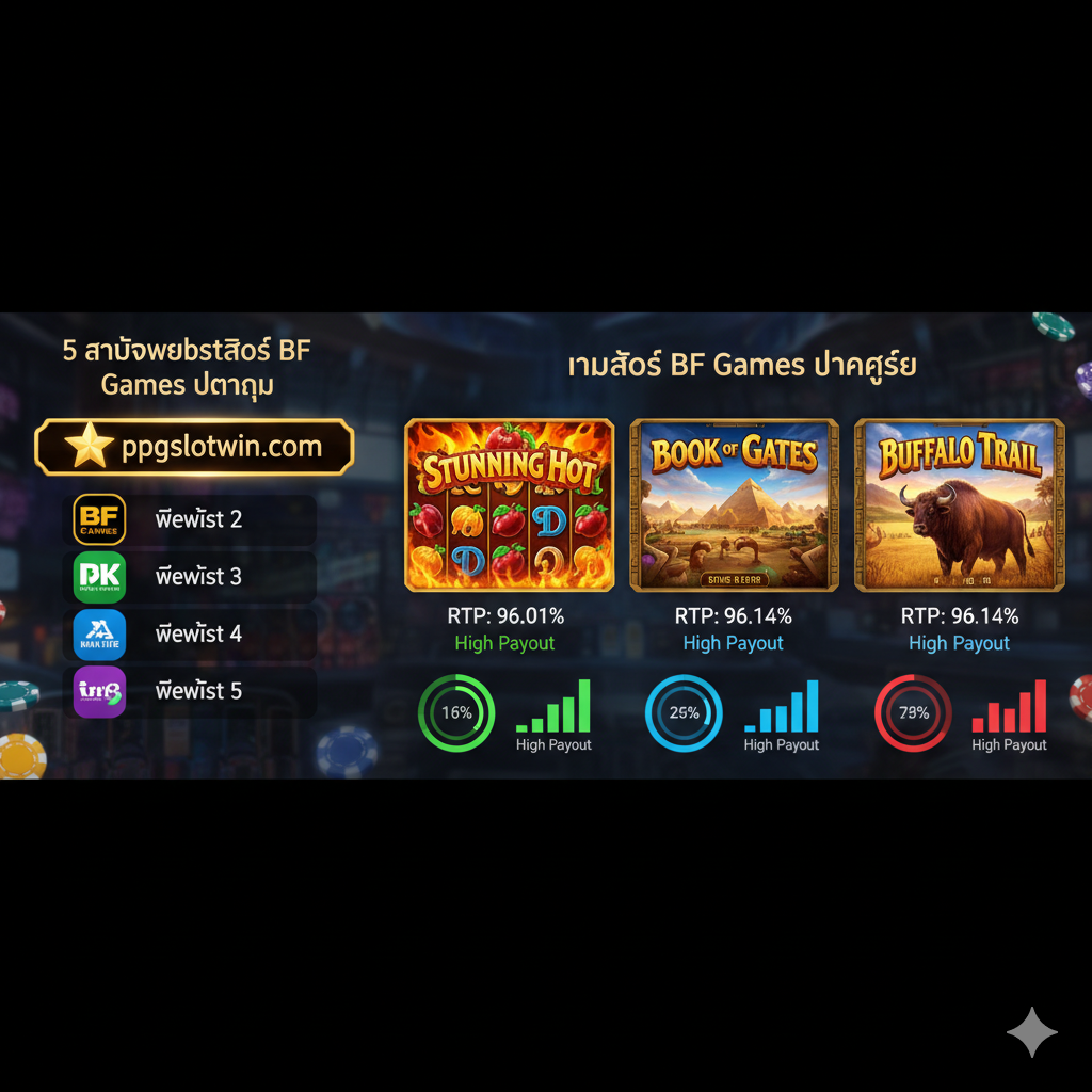ภาพประกอบที่แสดงการจัดอันดับและเกมยอดนิยมของ BF Games (List and Game Showcase) แบ่งภาพเป็นสองส่วน: ด้านซ้ายแสดงไอคอนหรือโลโก้สมมติของเว็บไซต์คาสิโน 5 อันดับแรก โดยเน้น 'ppgslotwin.com' ด้วยสีทองและดาว ด้านขวาแสดงภาพหน้าจอหรือองค์ประกอบกราฟิกของเกมสล็อต BF Games ที่ 'แตกง่าย' ที่สุด 3 เกม เช่น 'Stunning Hot', 'Book of Gates' และ 'Buffalo Trail' โดยมีค่า RTP และคำว่า 'High Payout' กำกับด้วยกราฟิกที่เป็นตัวเลขสถิติที่ดูน่าเชื่อถือและดึงดูดสายตา