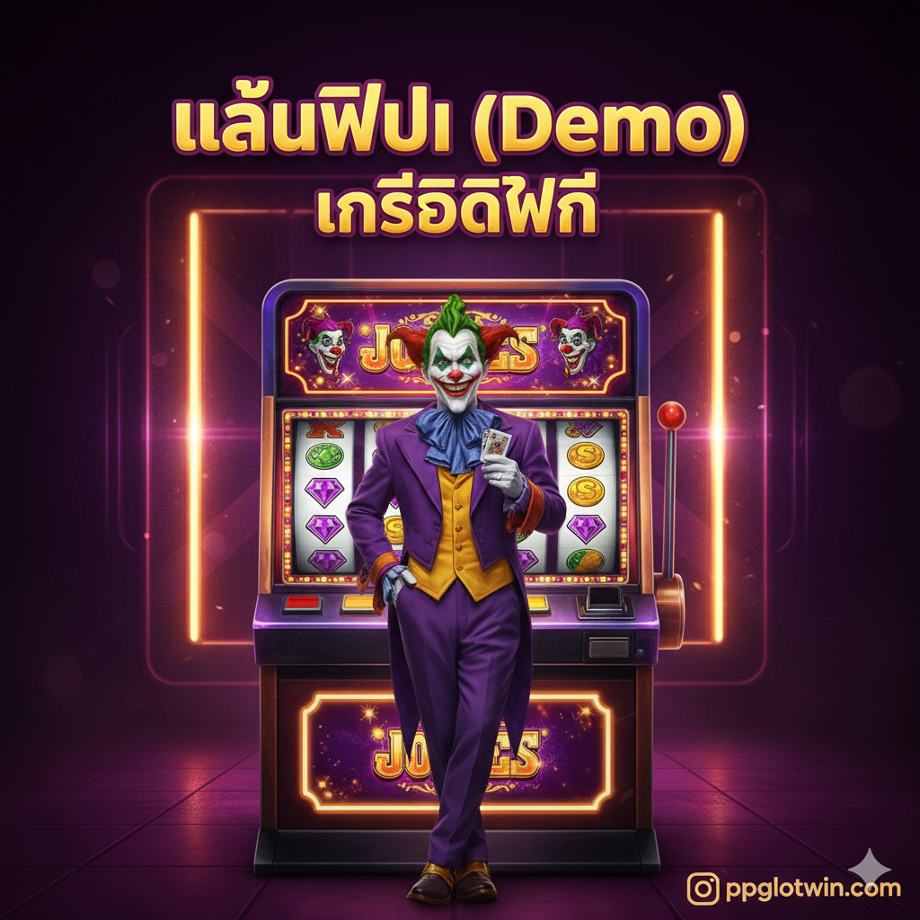 ภาพปกที่ดึงดูดสายตาสำหรับบทความสล็อตโจ๊กเกอร์ แสดงภาพตัวตลก (Joker) ในชุดสีม่วง-ทอง ยืนอยู่หน้าตู้สล็อตแมชชีนสไตล์วินเทจที่มีแสงนีออนสว่างไสว. เน้นข้อความหลักว่า 'เล่นฟรี (Demo)' และ 'เครดิตฟรี' ด้วยฟอนต์ตัวหนาสีทอง. โทนสีเข้มม่วง-ดำตัดกับแสงไฟสีทองและแดง เพื่อให้รู้สึกถึงความตื่นเต้นและการพนันที่หรูหรา จัดวางองค์ประกอบตัวตลกและเครื่องสล็อตให้อยู่ตรงกลาง.