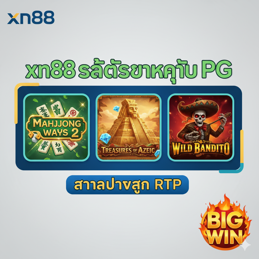 ภาพกราฟิกที่เน้นคุณสมบัติหลักของเกมสล็อต PG (Pocket Games Soft) ภายใต้แบรนด์ xn88 slot แสดงภาพไอคอนหรือฉากเด่นของเกมยอดนิยม 3 เกม (เช่น Mahjong Ways 2, Treasures of Aztec, Wild Bandito) จัดเรียงในรูปแบบตารางหรือกรอบหน้าจอที่น่าสนใจ มีข้อความ 'xn88 สล็อตแตกง่าย PG' เด่นชัด ใช้โทนสีเขียว, น้ำเงิน, และทอง แสดงถึงความหลากหลายและอัตราการจ่ายเงินรางวัล (RTP) ที่สูงของเกม มีสัญลักษณ์ของโบนัส 'BIG WIN' เพื่อกระตุ้นความสนใจ
