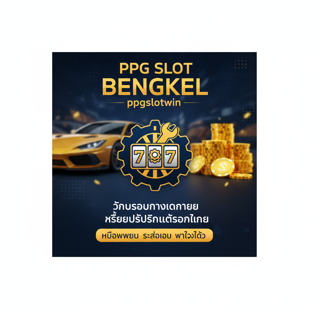 一張醒目的封面圖，以“PPG SLOT BENGKEL”為主題，視覺風格融合了汽車修理廠（Bengkel）的元素與在線老虎機（Slot）的科技感。主色調使用代表信賴和專業的藍色和金色/黃色。畫面中央是一個齒輪或扳手與一個老虎機卷軸融合的創意Logo。背景可以模糊地呈現出跑車和閃爍的籌碼/金幣。強調“ศูนย์รวมการดูแลและแก้ไขปัญหาสล็อตออนไลน์” (在線老虎機問題解決中心) 的泰語標語，突出專業、快速、可信賴的氛圍。