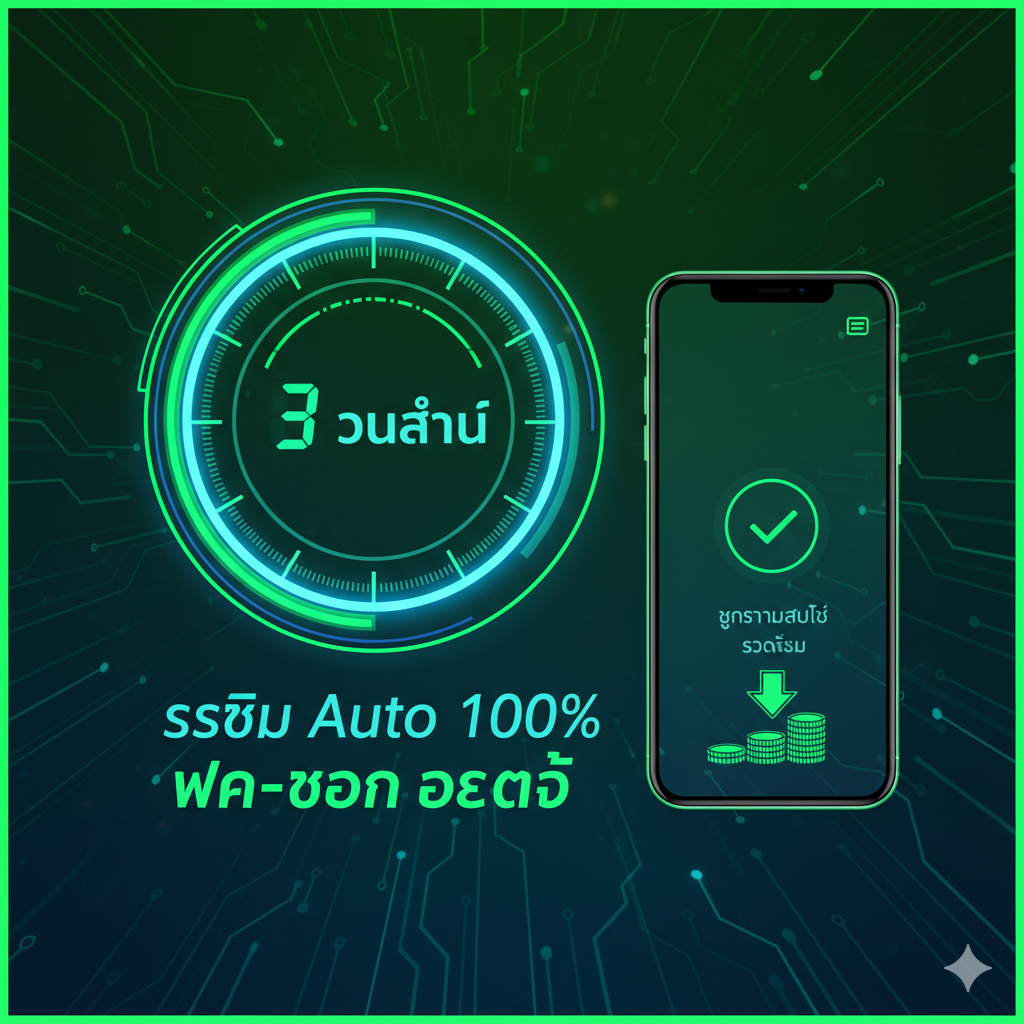 功能圖片聚焦於“ระบบ Auto 100%”和“ฝาก-ถอน ออโต้” (自動存取)。畫面以計時器或數字速度表為核心視覺元素,顯示“3 วินาที” (3秒) 的極速完成時間。旁邊配以一個手機屏幕的簡潔界面,展示一筆成功的快速交易。整體採用明亮、高科技的風格,使用綠色和藍色代表效率和安全。構圖簡潔有力,突出速度和自動化,體現“修車快”的效率概念。
