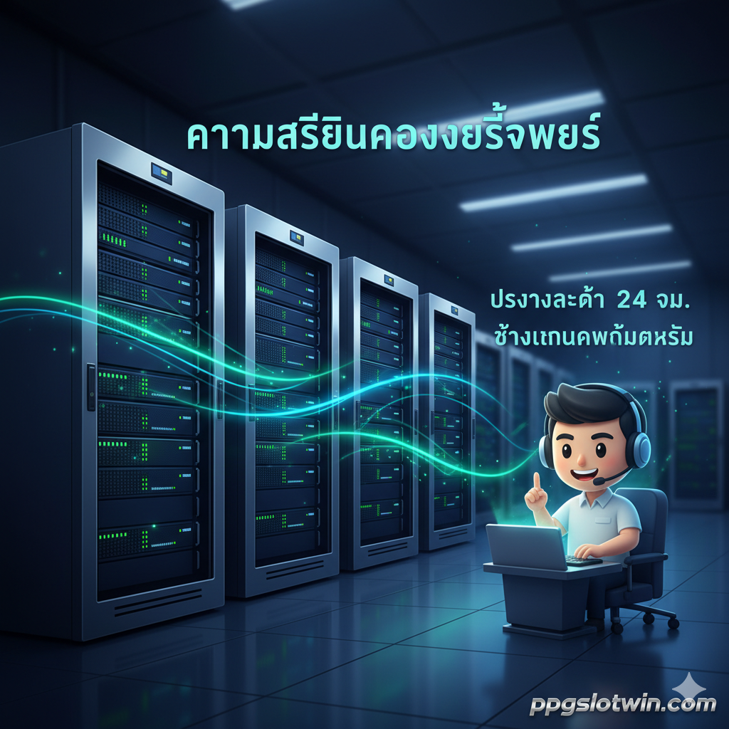 優勢圖片強調“ความเสถียรของเซิร์ฟเวอร์” (服務器穩定性) 和24小時客服。畫面應呈現一個堅固、可靠的服務器機房(象徵“โครงสร้างอู่ที่แข็งแรง”),服務器上有綠色的指示燈和流暢的電流線條,象徵“ลื่นไหล ไม่มีกระตุก” (流暢不卡頓)。旁邊是一個頭戴耳機的客服人員的卡通或簡潔形象(象徵“ช่างเทคนิคพร้อมแก้ไข”),面帶微笑,表示24小時在線服務。用深藍色和銀色體現專業和高科技,強調可靠性和安全性。