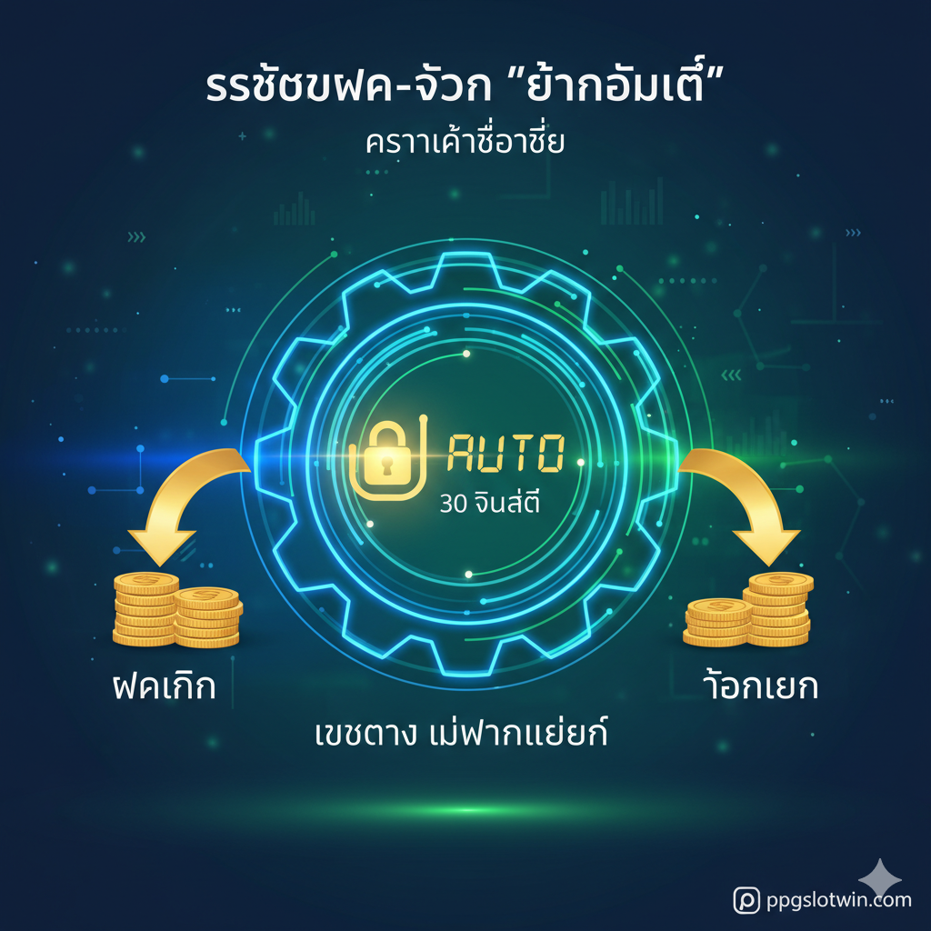 ภาพที่เน้นระบบการทำธุรกรรม Auto ที่รวดเร็วที่สุดในไทย: แสดงสัญลักษณ์การฝากเงินและการถอนเงินที่มีตัวเลข '30 วินาที' หรือ 'AUTO' อยู่ตรงกลาง โดยมีพื้นหลังเป็นกลไกฟันเฟืองที่กำลังทำงานอย่างรวดเร็ว พร้อมกับไอคอนแม่กุญแจและข้อความ 'เว็บตรง ไม่ผ่านเอเย่นต์' เพื่อยืนยันความปลอดภัยและความน่าเชื่อถือ