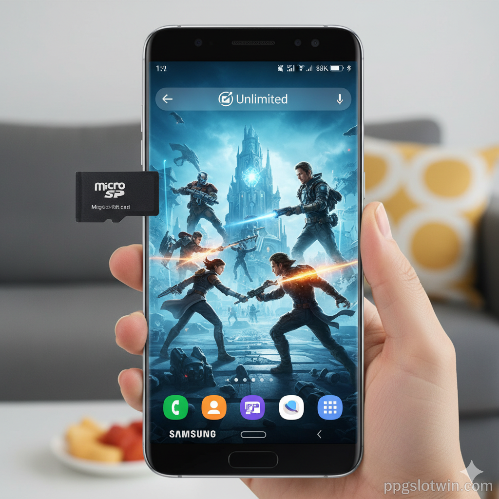 ภาพสรุปที่สร้างแรงบันดาลใจสำหรับ 'สายเกมเมอร์' และ 'สายหนัง' แสดงให้เห็นหน้าจอโทรศัพท์ Samsung Galaxy ที่กำลังแสดงภาพเกมที่มีกราฟิกสวยงาม หรือภาพยนตร์ 4K/8K มุมมองแบบ POV (Point of View) โดยมีแบตเตอรี่และพื้นที่จัดเก็บข้อมูลแสดงเป็นสถานะ 'เต็ม' หรือ 'ไม่จำกัด' (Unlimited) เพื่อเน้นความจุที่มากพอสำหรับการใช้งานหนัก สีสันสดใส ชวนให้รู้สึกตื่นเต้นและพร้อมสำหรับการเล่นเกมหรือดูหนังแบบไม่สะดุด ไม่มีข้อความ 'หน่วยความจำใกล้เต็ม' อีกต่อไป