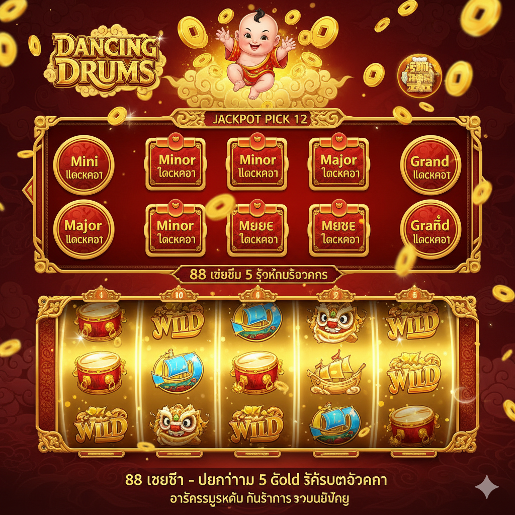 ภาพประกอบส่วนที่ 3 ที่อธิบายกลไก Fu Baby Jackpot และ Gold Symbols เน้นการแสดงผลหน้าจอเกมในโหมด Jackpot Pick 12 ป้าย โดยมีเด็กทารก Fu Baby (สัญลักษณ์แจ็คพอต) ลอยอยู่ด้านบน มีสัญลักษณ์ Mini, Minor, Major, Grand Jackpot แสดงเรียงกันอย่างชัดเจนอยู่ด้านข้าง เน้นวงล้อสล็อตในส่วนที่เปิดใช้งาน 5 Gold Symbols (88 เครดิต) ซึ่งเป็นสีทองสว่างไสว เพื่อสื่อถึงการเปิดโอกาสสูงสุดในการลุ้นรางวัลใหญ่ ภาพรวมใช้โทนสีทองและแดงเพื่อสื่อถึงความมั่งคั่งและกลไกสำคัญของเกม.