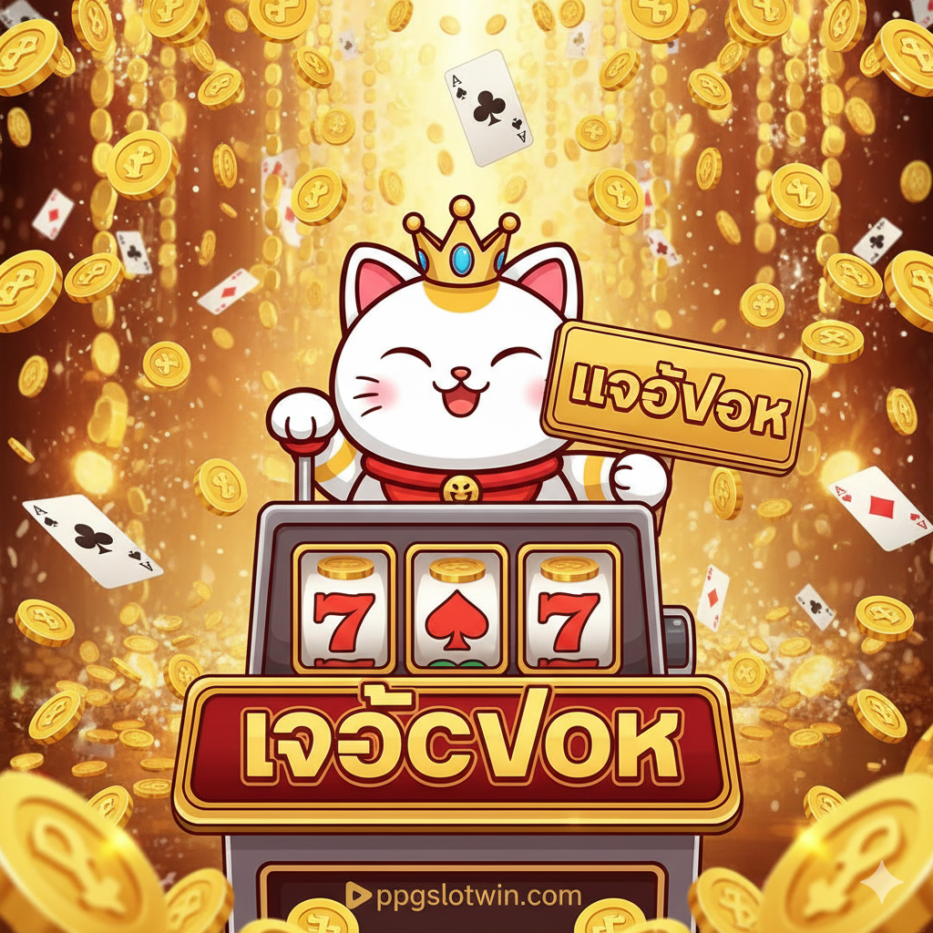 一张吸引ตาของภาพหน้าปก โดยเน้นโทนสีอบอุ่นและสว่าง พร้อมฉากหลังเป็นเหรียญทองและสัญลักษณ์ไพ่ที่ส่องประกาย ตรงกลางเป็นรูปวาดการ์ตูนแมวกวักสุดน่ารัก (สไตล์ Maneki Neko Kitty) สวมมงกุฎ มือหนึ่งกำลังโยกคันโยกสล็อต อีกมือถือสัญลักษณ์ "JACKPOT" ขนาดใหญ่ แสดงสีหน้าตื่นเต้น ด้านล่างมีโลโก้ ppgslotwin.com ภาพรวมเน้นความมีชีวิตชีวา ความหรูหรา และความสนุกสนาน โดยเน้นความน่ารักตรงข้ามกับรางวัลใหญ่