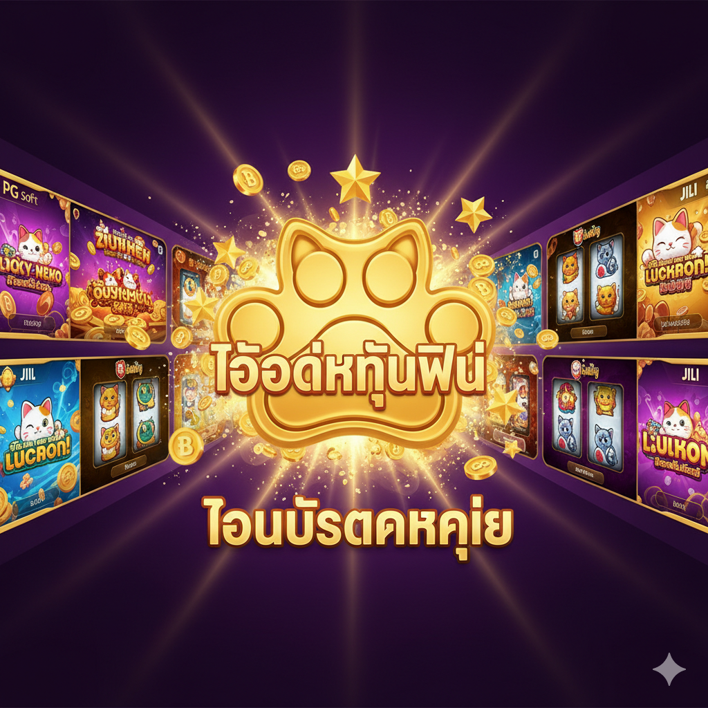 ภาพประกอบแสดงคุณสมบัติและเกมที่หลากหลาย โดยเน้นสีม่วงและสีทองที่ให้ความรู้สึกของคาสิโนระดับไฮเอนด์ มีการแบ่งภาพเป็นหน้าจอเล็ก ๆ แสดงอินเทอร์เฟซเกมธีมคิตตี้ (Lucky Neko) จากค่ายต่างๆ (PG Soft, Joker Gaming, JILI) ตรงกลางเน้นสัญลักษณ์ “Free Spin Mode” หรือ “Wild Symbol” พร้อมเอฟเฟกต์ระเบิดและสัญลักษณ์เงินบาท เพื่อเน้นย้ำถึงคุณสมบัติ “โบนัสแตกง่าย” และความหลากหลายของเกม