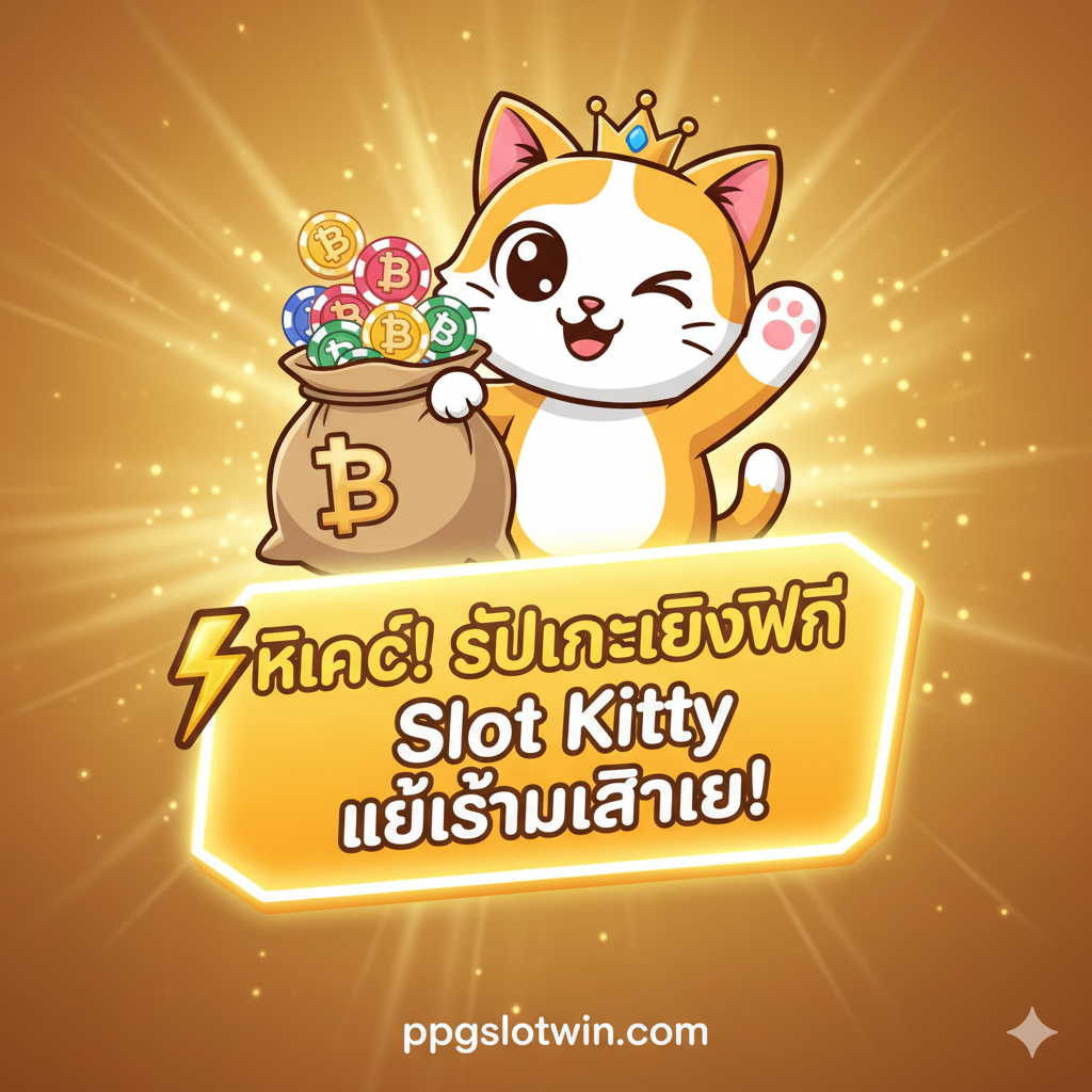 ภาพสรุปและคำเชิญชวนให้ดำเนินการ (CTA) ด้วยแสงสีทองที่อบอุ่นและให้ความหวัง ตรงกลางเป็นปุ่มหรือแบนเนอร์ขนาดใหญ่ที่กะพริบพร้อมข้อความ “⚡ คลิก! รับเครดิตฟรี Slot Kitty แล้วเริ่มเล่นเลย!” ข้างบนปุ่มมีภาพวาดแมวการ์ตูนถือถุงเงินบาท (THB) และชิปการพนันกำลังกวักมือเรียกผู้ใช้ ภาพรวมถูกออกแบบมาเพื่อกระตุ้นความเร่งด่วนและอยากให้ผู้ใช้ดำเนินการทันที โดยเน้นสีที่เข้มข้นและกระตุ้นความคาดหวังในการได้รับรางวัล และปิดท้ายด้วย URL ของ ppgslotwin.com