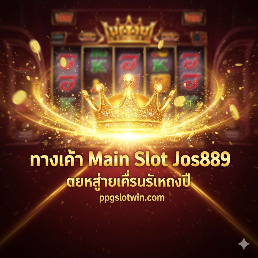 设计一张引人注目の封面图，主色调使用代表财富和活力的金色与深红（泰文网站常用色）。核心元素是一个巨大的、闪闪发光的“777”或皇冠（👑），背景隐约可见老虎机界面和快速旋转的符号。中央位置以粗体泰文字体突出显示关键词：“ทางเข้า Main Slot Jos889” 和 “แตกง่ายที่สุดแห่งปี”。下方小字标注网址 ppgslotwin.com。整体风格应充满高档感、速度感和爆发性的中奖氛围，使用光晕和粒子效果增强视觉冲击力，营造出“黄金通道”的感觉。