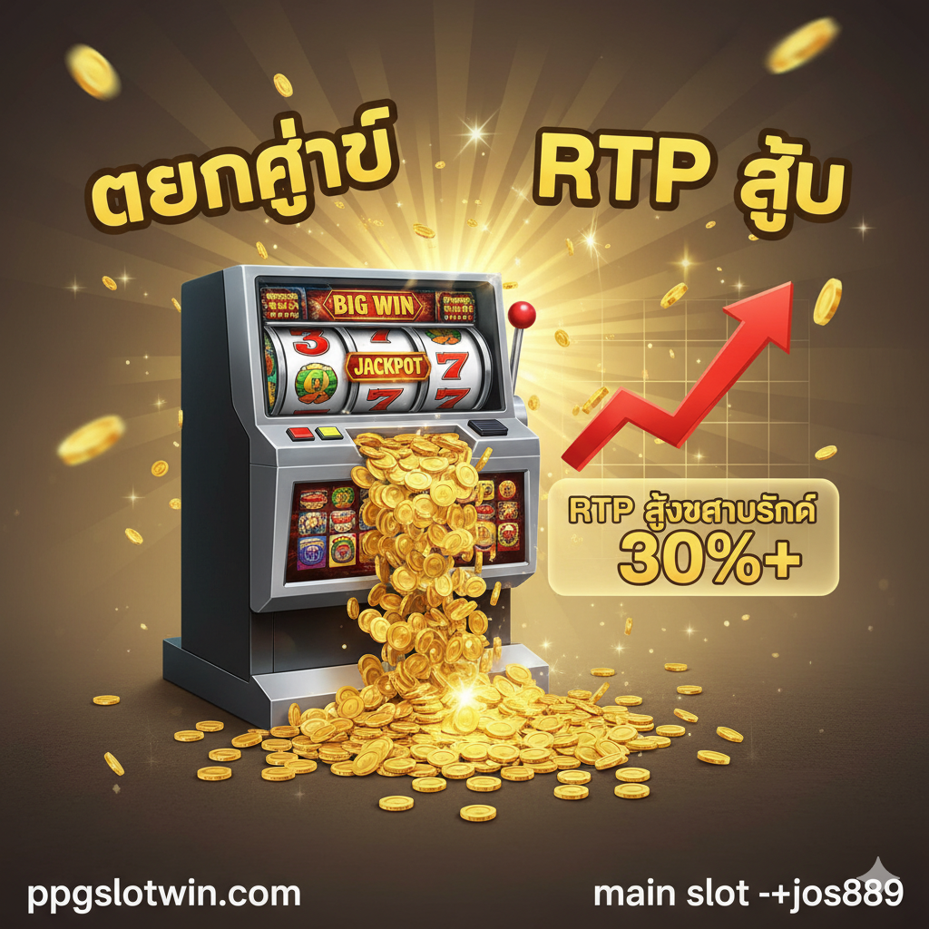 优势特点图，聚焦于“แตกง่าย (易爆奖)” 和 “RTP สูง (高回报率)”。画面中心是一个巨大的老虎机滚动到“BIG WIN”或“JACKPOT”的特写镜头，金币像瀑布一样倾泻而出。旁边配上一个醒目的数据图表（使用红色箭头向上指）或一个百分比标签，写着 “RTP สูงกว่าปกติ 30%+” （暗示比正常高30%+）。整体色彩极度饱和，充满刺激和中奖的喜悦感，使用爆炸星光效果来强化“แตกง่าย”的概念。