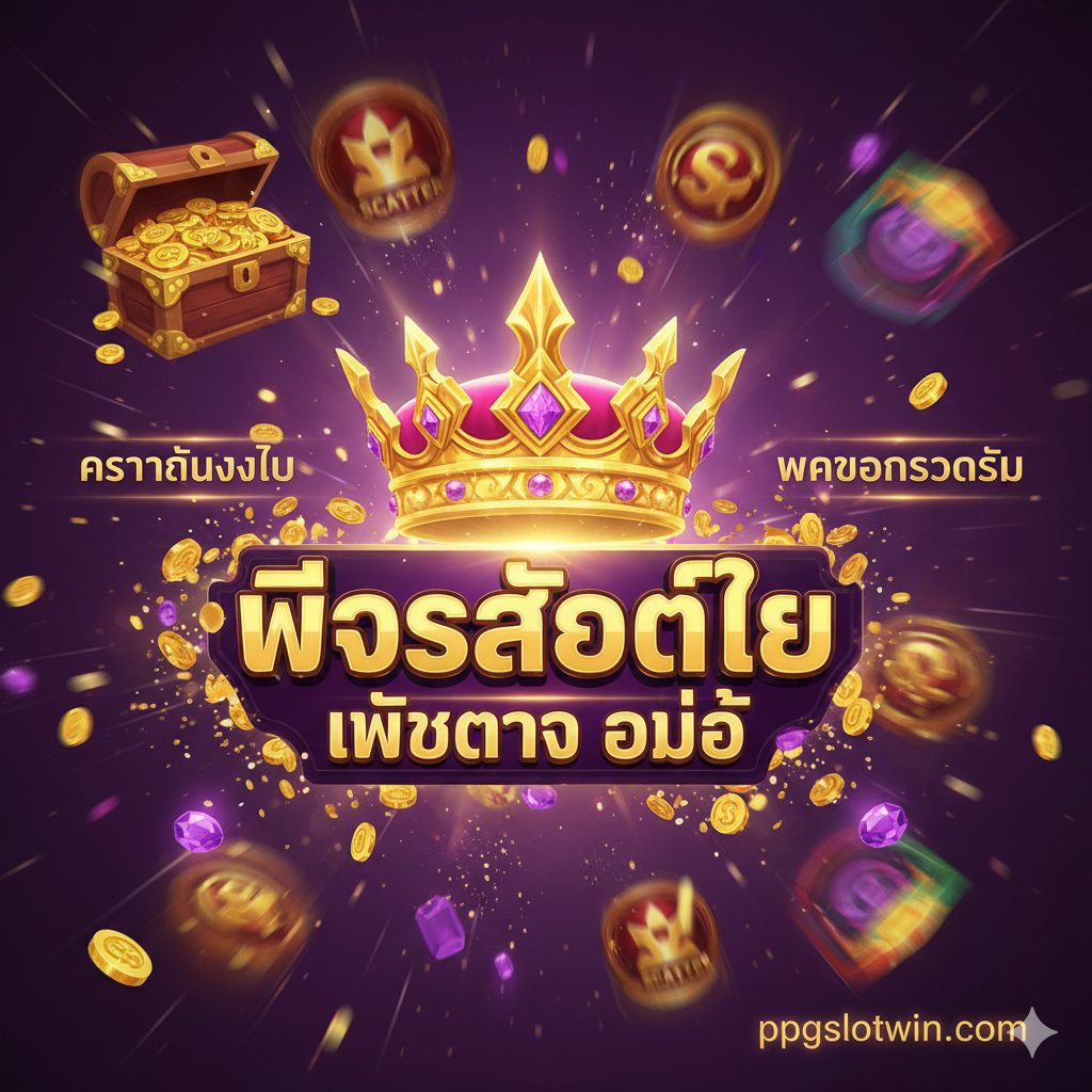 一张引คน่าสนใจ的封面图，主色调应为金色、红色或高饱和度的紫色，营造出奢华和刺激感。画面中心突出“PG Slot Thai”和“เว็บตรง Auto”字样，并搭配一个闪耀的泰国风格皇冠或神兽符号。背景是精选PG老虎机游戏的局部特写（如Scatter符号或大奖画面），突出ppgslotwin.com的Logo或网址（ppgslotwin.com）。整体构图应为动态的，强调“财富”และ“快速存取款”，吸引用户点击。