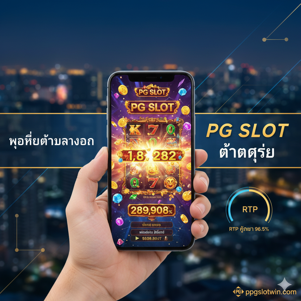 优势特点图，强调“移动端优化”和“高RTP游戏”。构图应聚焦于一只手拿着智能手机，屏幕上清晰展示一个热门的PG Slot游戏界面（如爆奖动画）。背景可以是一个模糊的泰国城市夜景或现代的几何图案，象征ถึง便利和随时随地。文本元素应突出“Mobile-First Excellence (移动优先)”และ“PG Slot แตกง่าย (容易赢)”的口号，并用一个小的统计图表或标签展示“RTP สูงกว่า 96.5%”，证明ppgslotwin.com的可靠性。