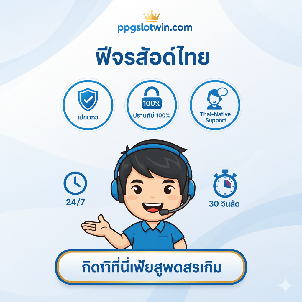总结图，旨在建立信任和呼吁行动。使用温暖且专业的色彩，如白色和蓝色。画面应包含 ppqslotwin.com 的Logo和几个代表信任的徽章或标志（如“เว็บตรง (直接网站)”、“ปลอดภัย 100% (100%安全)”、“Thai-Native Support (泰语支持)”）。中心可以是一个友好的、面带微笑的客服代表的卡通形象或图标，周围环绕ด้วย“24/7”或“30 วินาที”的计时器图标。底部留出清晰的行动呼吁区域，例如“คลิกที่นี่เพื่อสมัครสมาชิก (点击此处注册)”的按钮图形，完成最后的转化。