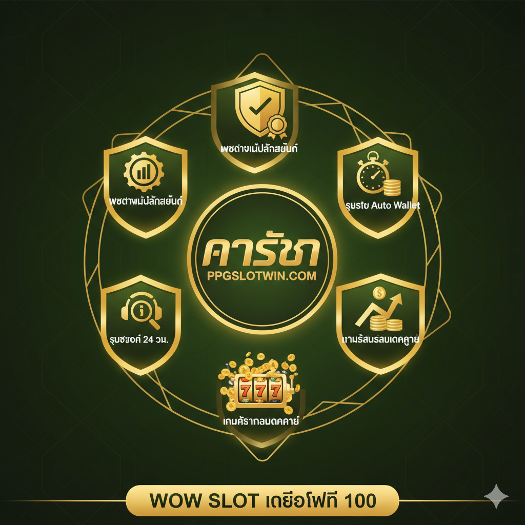 ภาพเน้นจุดเด่นของ ppgslotwin.com ในการแจกเครดิตฟรีนี้ องค์ประกอบหลักคือไอคอน 4 อย่างที่สื่อถึง: 'เว็บตรงไม่ผ่านเอเย่นต์' (รูปโล่ป้องกัน/ตราประทับ), 'ระบบ Auto Wallet' (รูปนาฬิกาจับเวลาและสัญลักษณ์เงิน), 'เกมหลากหลายแตกง่าย' (รูปสล็อตแตกพร้อมเหรียญจำนวนมาก), และ 'ซัพพอร์ต 24 ชม.' (รูปหูฟัง/แว่นขยาย) จัดเรียงเป็นวงกลมหรือสี่เหลี่ยมรอบโลโก้ ppgslotwin.com ตรงกลาง ใช้สีเขียวและสีทองเพื่อสื่อถึงความปลอดภัยและความสำเร็จ ภาพต้องให้ความรู้สึกมั่นคงและน่าเชื่อถือเพื่อสร้างความแตกต่างจากคู่แข่ง