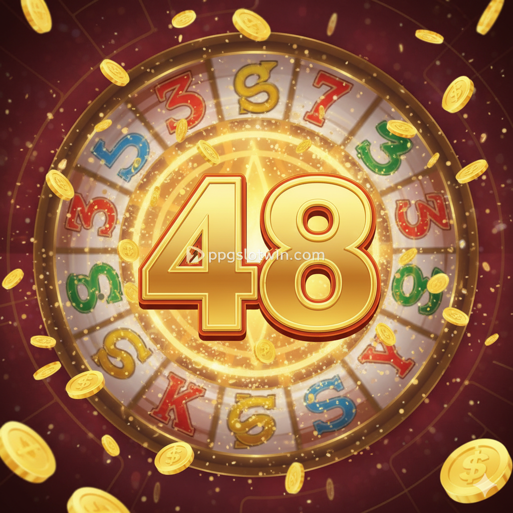 ออกแบบสำหรับ high quality online slot game cover image. The main visual is an extremely dynamic number '48', using gold and red as the main colors, with a neon-like glow and particle-flying effect, symbolizing wealth and luck. The number '48' should be centrally located, with a background of flashing abstract slot machine reels and flying gold coins. The overall style should be luxurious, exciting, and full of winning atmosphere, reflecting the Thai players' pursuit of lucky numbers and high jackpots. In the corner, there can be a subtle 'ppgslotwin.com' logo, highlighting the brand.