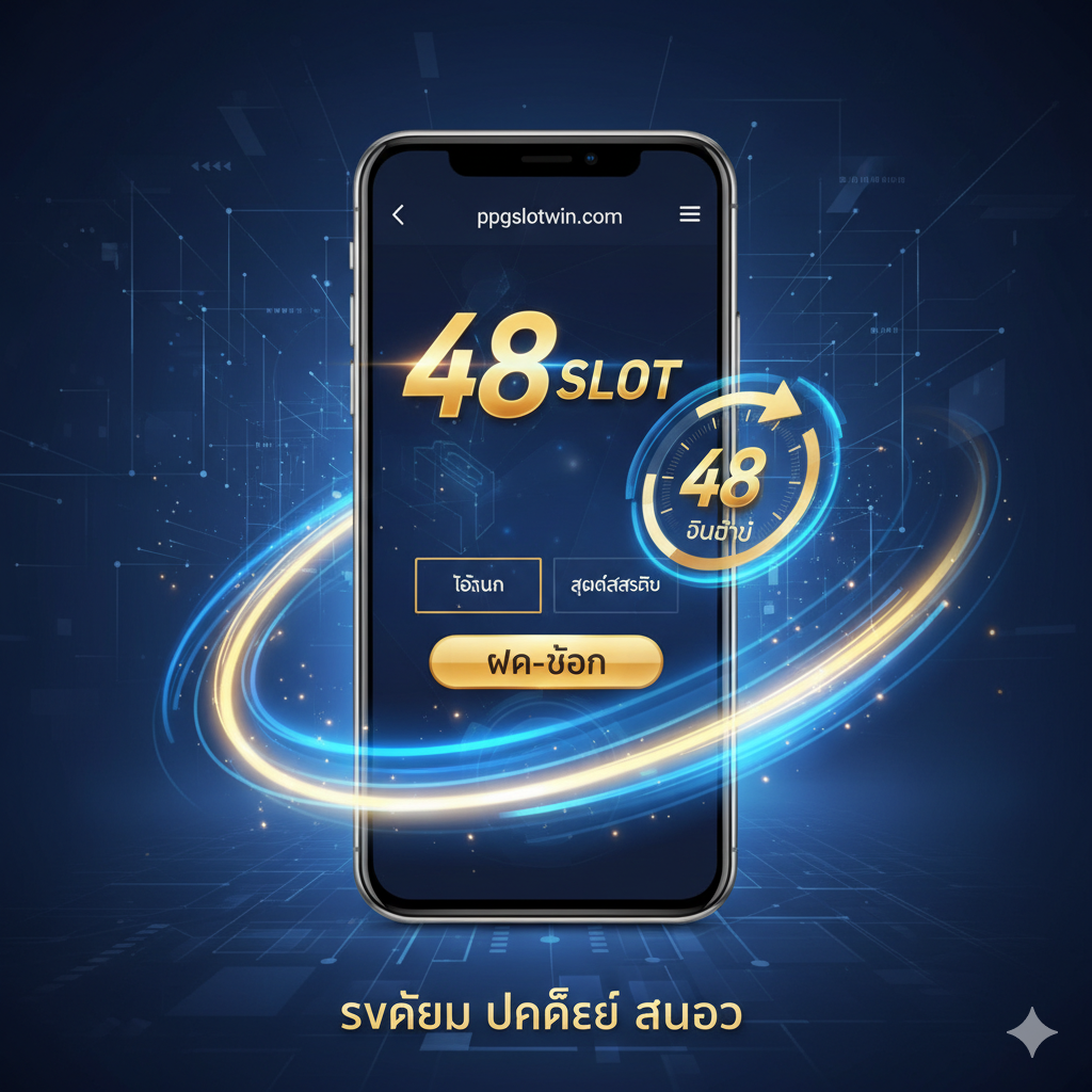This image is used to showcase the core features of the website: 48-second support and mobile access. The center of the image is a modern smartphone screen displaying the '48 SLOT' login interface and a 'Deposit-Withdraw' button. Dynamic lines symbolizing speed and efficiency (like blue and gold light beams) surround it, along with a stopwatch or countdown timer, emphasizing '48 seconds'. The overall style should be simple, high-tech, and reflect the 'fast, safe, and convenient' transactional intent.
