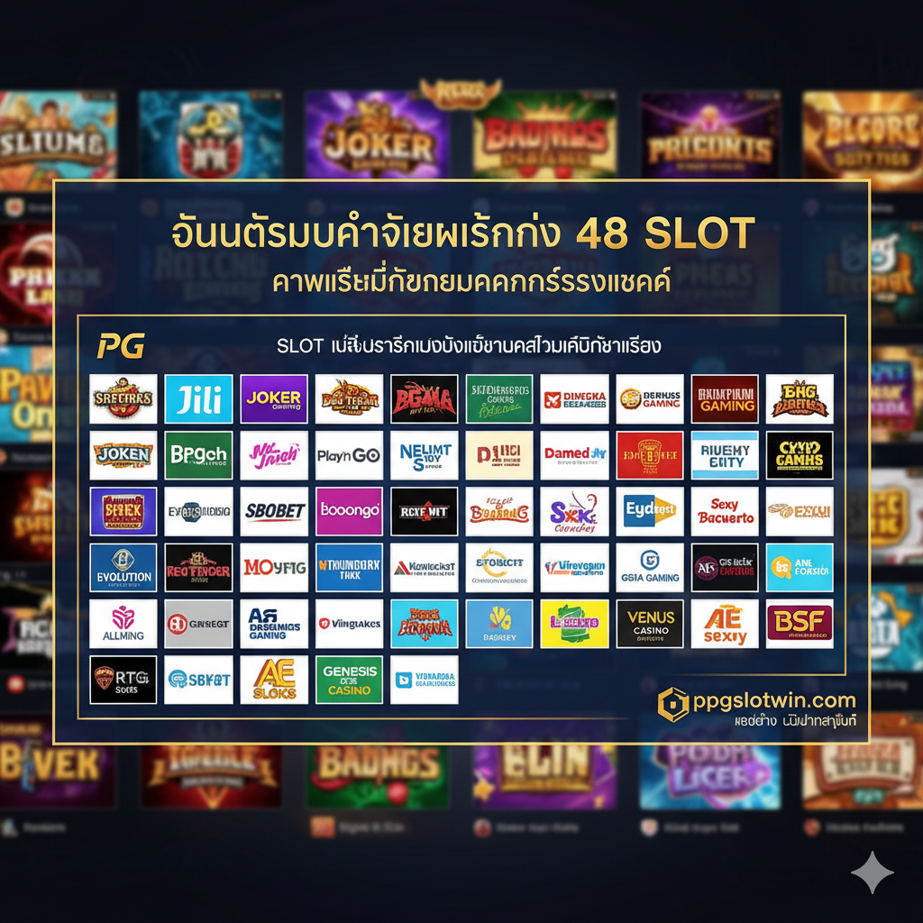 This image is used to summarize and establish Trust, showing top collaborating game brands. The image should be in a matrix or banner form, clearly displaying the logos of renowned slot game providers like PG Soft, Joker Gaming, Jili, Pragmatic Play. The background can be a blurry, high-quality collection of various slot game screens, with a stable overall composition, reflecting the status of a 'Top Game Provider Hub'. The text 'ppgslotwin.com Web Direct' can be added to the bottom corner to enhance credibility.