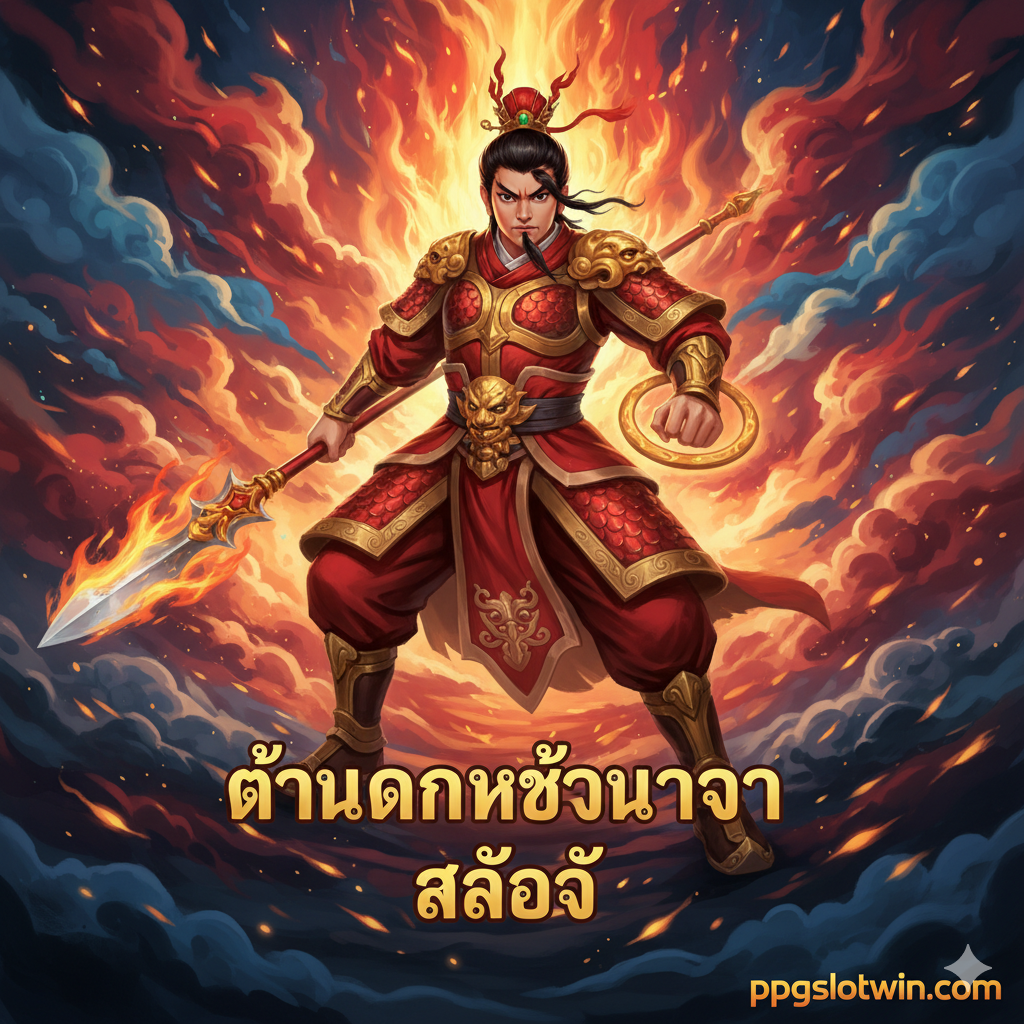 一张引คน่าสนใจของเกมสล็อต哪吒 (Nezha) ในชุดเกราะสีแดง พร้อมอาวุธและฉากหลังที่เป็นเปลวไฟและเมฆ พร้อมโลโก้ ppgslotwin.com