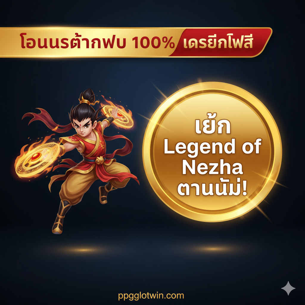 ภาพสรุปที่รวมแบนเนอร์โปรโมชั่น 100% เครดิตฟรี และปุ่ม Call to Action ขนาดใหญ่ 'เล่น Legend of Nezha ตอนนี้!'