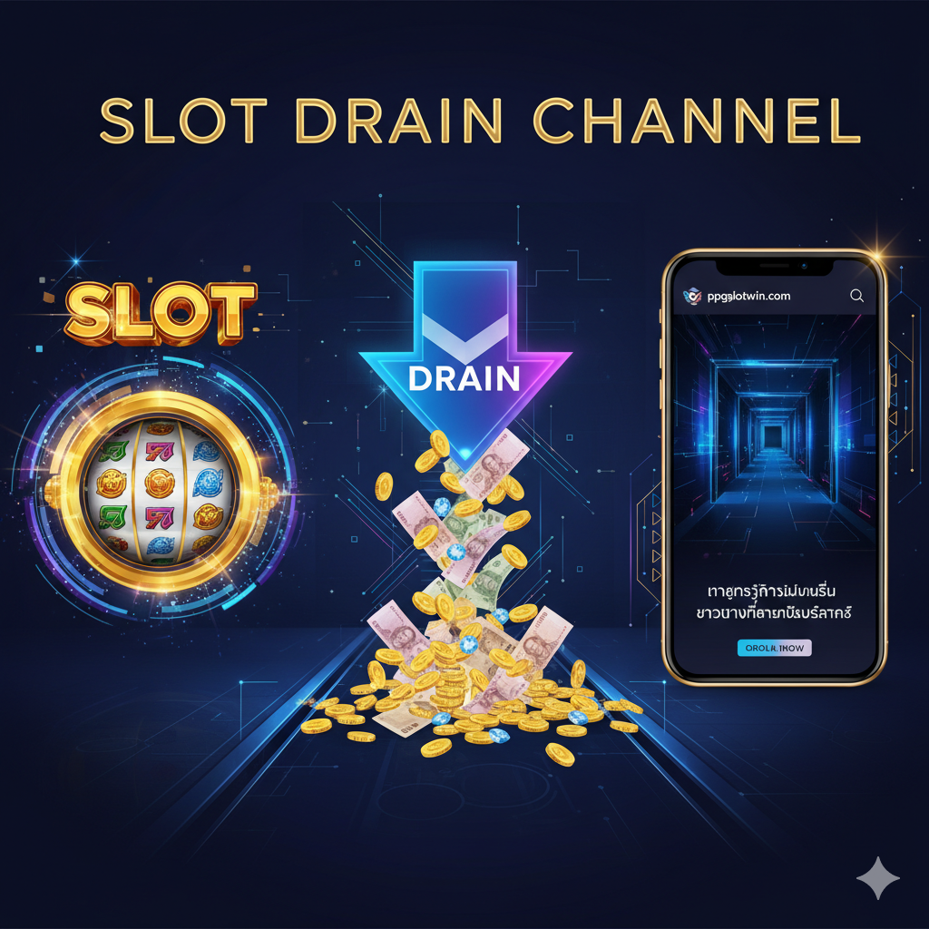 ภาพประกอบส่วนคุณลักษณะที่เน้นการแกะรหัสคำว่า 'Slot Drain Channel' โดยแบ่งภาพออกเป็นสามส่วน: ส่วนแรก 'Slot' เป็นภาพสัญลักษณ์วงล้อสล็อตที่มีแสงไฟวิบวับ, ส่วนที่สอง 'Drain' เป็นภาพลูกศรชี้ลงขนาดใหญ่ที่มีเงินรางวัล (ธนบัตรและเหรียญ) ไหลทะลักออกมาจากลูกศรนั้น, ส่วนที่สาม 'Channel' เป็นภาพหน้าจอสมาร์ทโฟนที่กำลังเปิดหน้าเว็บไซต์ ppgslotwin.com แสดงถึงทางเข้าที่มั่นคง ภาพรวมมีสไตล์ดิจิทัลยุคใหม่ สีสันสดใส (น้ำเงิน/ม่วง/ทอง) และใช้กราฟิกเส้นสายเชื่อมโยงองค์ประกอบทั้งสามเข้าด้วยกัน