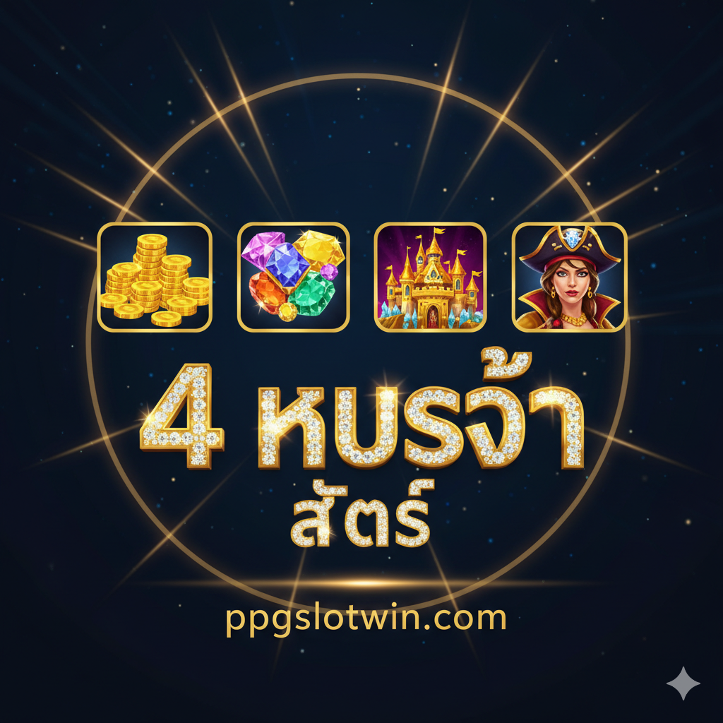 一张醒目且奢华的封面图，主题是'4 Hi-So Slot'。画面中央是四个金色หรือ钻石材质的图标，分别代表四个高端老虎机游戏（例如：金币堆、宝石、豪华城堡、海盗女王）。背景使用深蓝色或黑色搭配金色光芒（Neon Gold），营造出高端、秘密、和财富感。ในศูนย์กลางตำแหน่งมี显眼的泰文关键词 '4 Hi-So Slot' และ 'ppgslotwin.com' โครงสร้างภาพเป็นแบบ Symmetry เน้นความหรูหราและพรีเมียม.