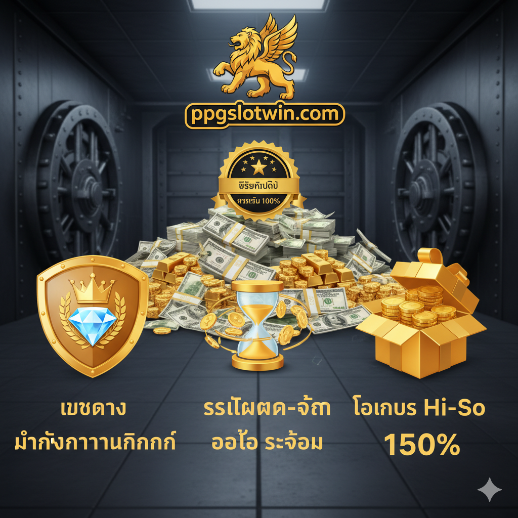 ภาพที่เน้นย้ำถึงข้อได้เปรียบของการเป็น 'เว็บตรง ppgslotwin.com' สำหรับผู้เล่น Hi-So ประกอบด้วยสามองค์ประกอบหลัก: 'เว็บตรงมั่นคงทางการเงิน', 'ระบบฝาก-ถอนออโต้รวดเร็ว', และ 'โบนัส Hi-So 150%' แสดงภาพโลโก้ ppgslotwin.com อย่างชัดเจน พร้อมกับกองเงินสดหรือทองคำจำนวนมากที่อยู่ด้านหลังเพื่อสื่อถึงการ 'กล้าจ่าย' แจ็คพอตหลักล้าน มีโล่สีทอง (Golden Shield) หรือตรารับรองคุณภาพ (Seal of Trust) เพื่อเน้นความน่าเชื่อถือ ภาพรวมดูหนักแน่น มั่นคง และเป็นมืออาชีพ.