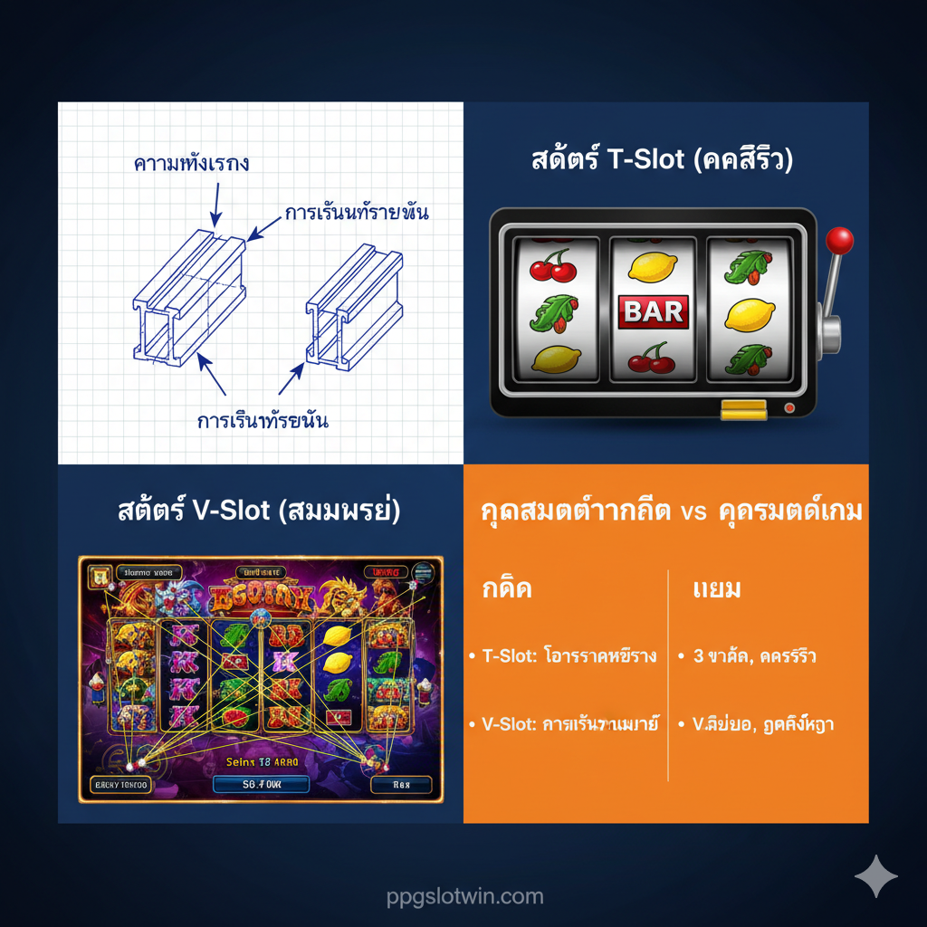 ภาพเน้นคุณสมบัติทางกลไกและคุณสมบัติเกม โดยจัดเป็นตารางเปรียบเทียบเชิงภาพ (Visual Comparison Table) โดยมี 4 ช่อง: ช่องซ้ายบนแสดงภาพวาดทางเทคนิค (Blueprint style) ของหน้าตัด T-Slot และ V-Slot พร้อมลูกศรชี้จุดเด่นการใช้งานที่แตกต่างกัน (Rigidity vs. Smooth Motion) ในขณะที่ช่องขวาบนแสดงสัญลักษณ์สล็อตแบบคลาสสิก 3 วงล้อ (T-Slot แบบคลาสสิก) และช่องซ้ายล่างแสดงสัญลักษณ์วิดีโอสล็อตสมัยใหม่ที่มี Paylines ซับซ้อนและภาพกราฟิกสวยงาม (V-Slot แบบสมัยใหม่) โทนสีเน้นความชัดเจนและคอนทราสต์สูงเพื่อให้เห็นความแตกต่างของ 'ร่อง' ทั้งสองรูปแบบได้อย่างชัดเจน