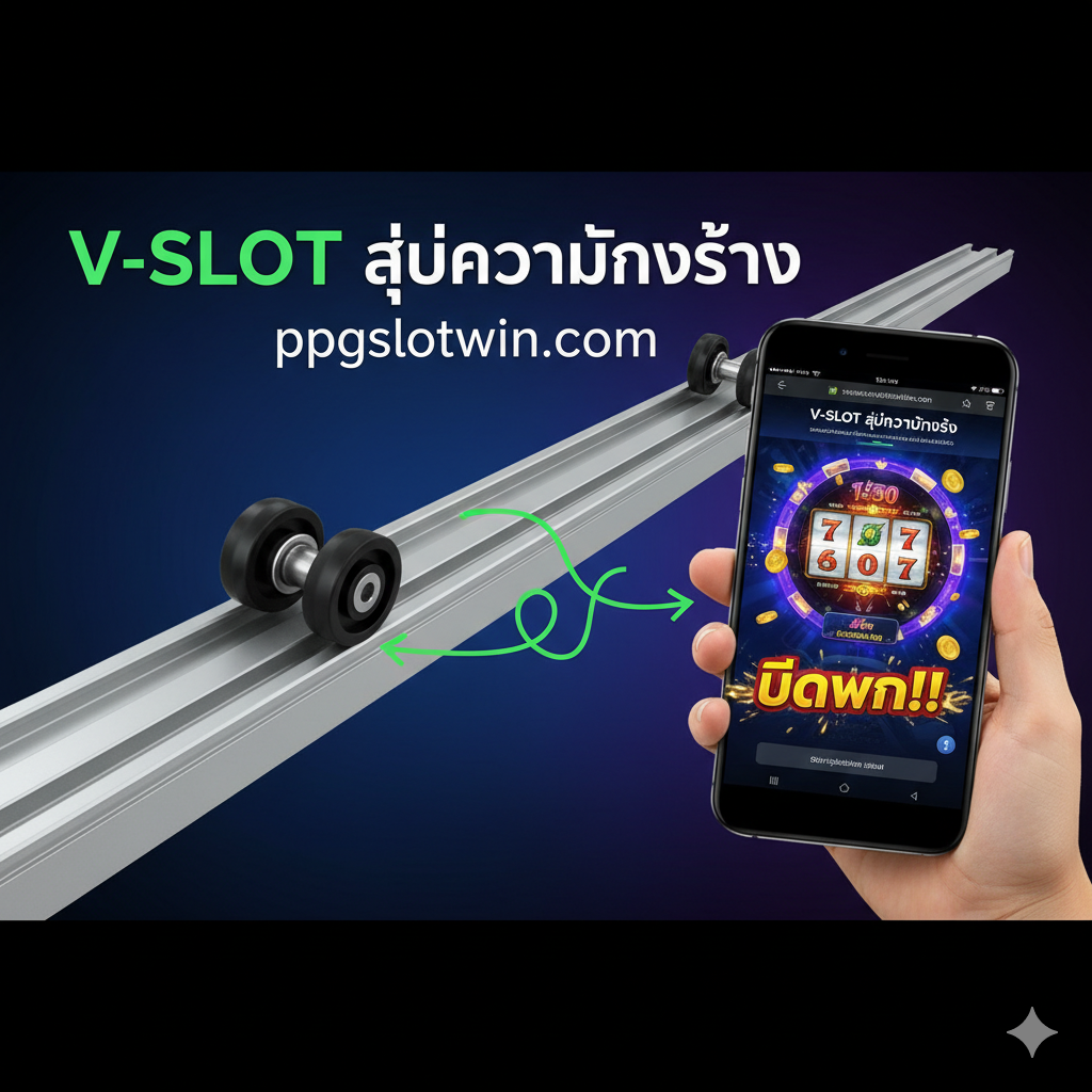 ภาพที่มีลักษณะการเปลี่ยนผ่าน (Transition) จากโครงสร้างทางวิศวกรรมไปสู่การทำเงิน: ด้านซ้ายแสดงภาพ 'รางเลื่อน V-Slot' ที่มีลูกล้อ V-Wheel กำลังเคลื่อนที่อย่างราบรื่น (สื่อถึง 'ความลื่นไหล' ในเชิงกลไก) และต่อเนื่องไปทางขวาอย่างแนบเนียนสู่หน้าจอโทรศัพท์มือถือที่กำลังแสดงเกมสล็อตของ ppgslotwin.com โดยมีสัญลักษณ์ 'Big Win' หรือ 'Free Spin' ปรากฏอยู่ ฉากหลังเป็นสีม่วงเข้มหรือน้ำเงินเข้มเพื่อเน้นความรู้สึกของ 'การค้นพบ' หรือ 'การนำทาง' โดยลูกศรเส้นนำทาง (Guide line) สีเขียวสดใสเชื่อมโยงการเคลื่อนที่ของ V-Slot เข้ากับวงล้อสล็อตเพื่อสื่อถึง 'ช่องทางทำเงินที่ไหลลื่น'
