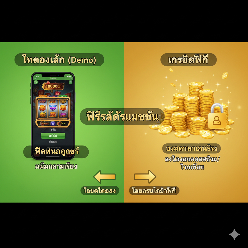 ฟังก์ชันเปรียบเทียบระหว่างโหมดทดลองเล่น (Demo) ที่ใช้สีเขียวสำหรับการฝึกฝนกลยุทธ์ และโหมดเครดิตฟรี (Free Credit) ที่ใช้สีแดง/ทองสำหรับการลุ้นทำเงินจริง พร้อมภาพไอคอนโทรศัพท์และเหรียญ