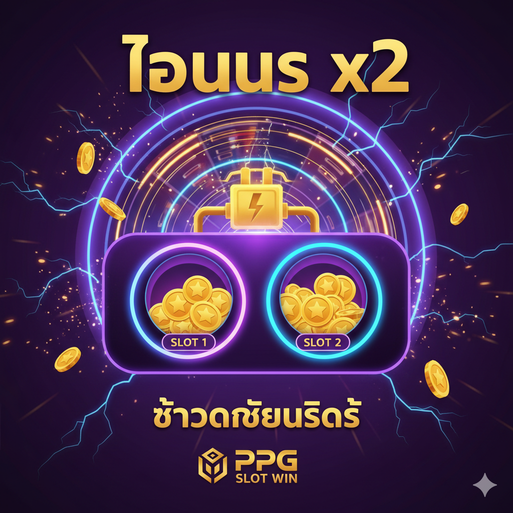 ภาพปกแสดงแนวคิดการ 'ชาร์จ' เครดิตสล็อตแบบ 2 ช่อง (Dual Slot) ในรูปแบบที่น่าตื่นเต้นและทรงพลัง เน้นสีม่วง, น้ำเงิน, และทองคำเป็นหลัก ตรงกลางเป็นสัญลักษณ์ของปลั๊กไฟหรือแบตเตอรี่ที่เชื่อมต่อกับช่องใส่เหรียญทองคำ 2 ช่อง (Slot 1 และ Slot 2) ที่มีแสงไฟนีออนสว่างไสว พื้นหลังเป็นวงล้อสล็อตที่กำลังหมุนด้วยความเร็วสูง มีประกายไฟและสายฟ้าวิ่งผ่าน สื่อถึงความเร็วและความแรงของโบนัส '2 เท่า'