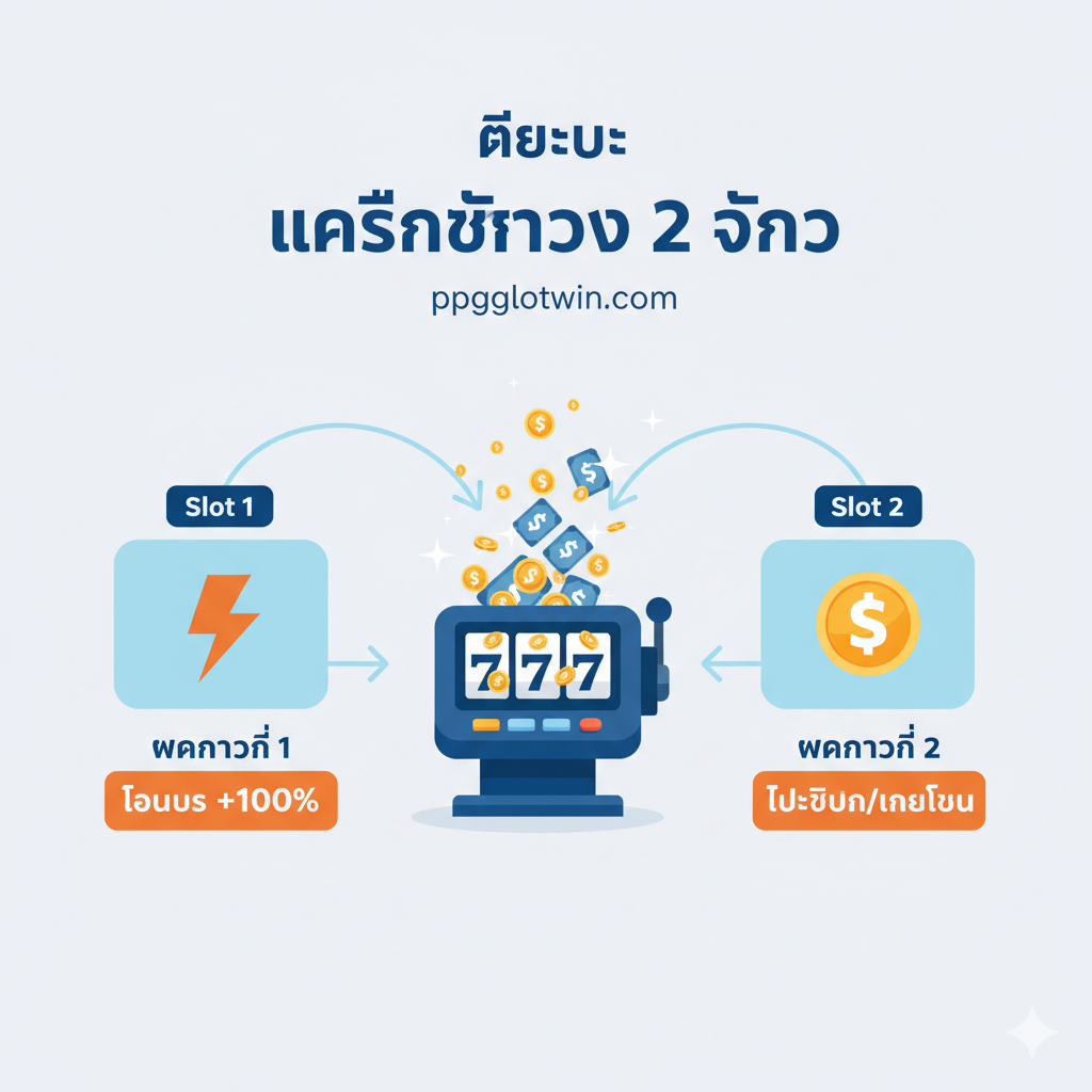 ภาพแสดงฟีเจอร์หลักของโบนัส 'Charger 2 Slot' ในรูปแบบอินโฟกราฟิกที่เข้าใจง่าย ใช้การเปรียบเทียบระหว่างช่องชาร์จแบตเตอรี่ 2 ช่อง (Slot 1 และ Slot 2) ด้านซ้ายเป็นไอคอนเงินฝากครั้งที่ 1 พร้อมเครื่องหมาย '⚡ +100% Bonus' ด้านขวาเป็นไอคอนเงินฝากครั้งที่ 2 พร้อมเครื่องหมาย '💰 +Free Spins/Cashback' มีเส้นเชื่อมโยงทั้งสองช่องไปยังไอคอนตู้สล็อตขนาดใหญ่ที่มีเครดิตพุ่งออกมา เน้นการออกแบบที่ดูสะอาดและทันสมัยด้วยสีฟ้า, ขาว, และส้ม เพื่อสื่อถึงพลังงานและข้อเสนอสุดพิเศษ