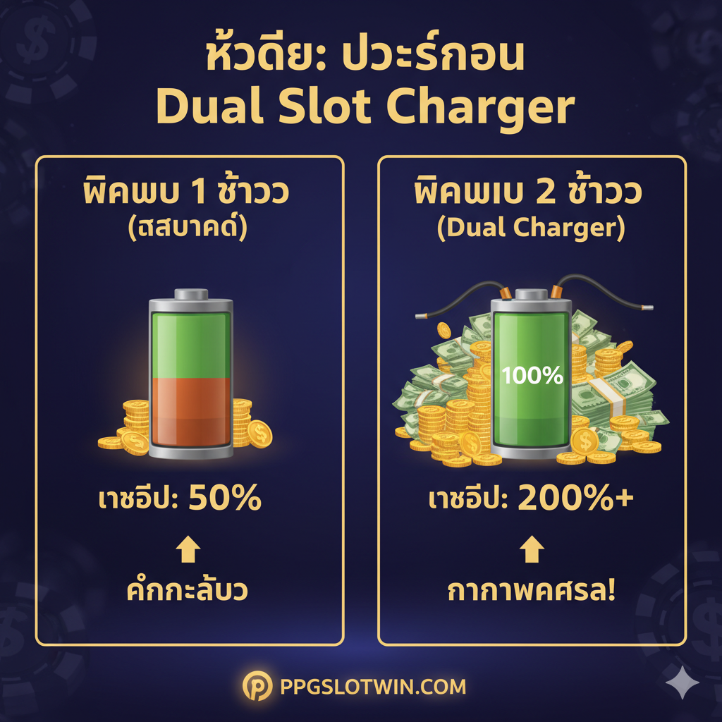 ภาพเปรียบเทียบข้อดีของการใช้โปรโมชั่น 'Dual Slot Charger' กับการฝากเงินแบบปกติ (1 Slot) โดยจัดวางเป็นตารางเปรียบเทียบหรือกริช (Grid) ที่มี 2 คอลัมน์ คอลัมน์ซ้ายคือ 'ฝากแบบ 1 ช่อง (Standard)' แสดงผลลัพธ์น้อยกว่า คอลัมน์ขวาคือ 'ฝากแบบ 2 ช่อง (Dual Charger)' แสดงเครดิตและกองเหรียญที่สูงกว่ามาก ใช้กราฟิกรูปแบตเตอรี่ที่ชาร์จเต็ม 100% (สำหรับ Dual Charger) และแบตเตอรี่ที่ชาร์จครึ่งเดียว (สำหรับ Standard) เพื่อสื่อถึงความคุ้มค่าและพลังทำกำไรที่เหนือกว่า