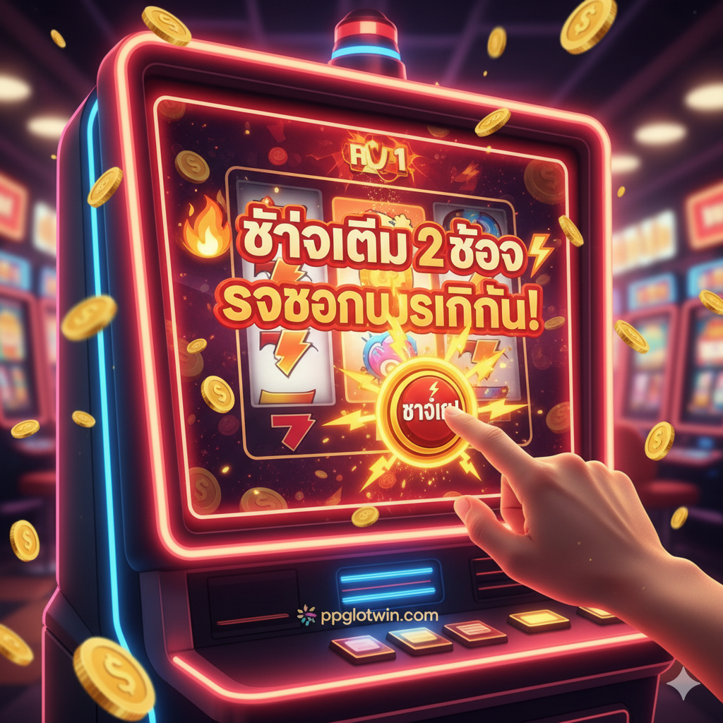 ภาพสรุปและกระตุ้นการตัดสินใจ (CTA) ที่เน้นความตื่นเต้นและรีบเร่ง ใช้ภาพตู้สล็อตแมชชีนสไตล์คาสิโนที่มีแสงไฟนีออนสว่างไสว พร้อมหน้าจอแสดงข้อความ '🔥 ชาร์จเต็ม 2 ช่อง รับโบนัสทันที!' มีมือที่กำลังกดปุ่ม 'Spin' หรือ 'Charge Now' ที่มีสายฟ้าแลบออกมา ภาพควรมีองค์ประกอบของโลโก้ ppgslotwin.com เล็กน้อยและเน้นสีแดงหรือส้มที่ดึงดูดสายตา พร้อมเงาของเหรียญทองที่โปรยปรายลงมา สื่อถึงการทำกำไรที่รวดเร็วและยิ่งใหญ่