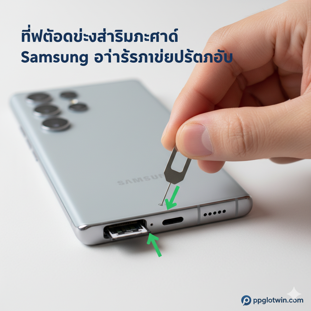 ภาพขั้นตอนการปฏิบัติ (Step-by-step tutorial) ที่แสดงมือกำลังใช้นิ้วมือจับเข็มถอดซิม (SIM Ejector Pin) เสียบเข้าไปในช่องใส่ซิมที่ขอบด้านล่างของโทรศัพท์ Samsung Galaxy S Series (เช่น S24) ที่วางอยู่บนพื้นผิวเรียบสีอ่อน จัดองค์ประกอบให้เห็นการดันเข็มเข้าไปอย่างเบามือและถาดซิมเริ่มเด้งออกมาเล็กน้อย มีลูกศรสีเขียวหรือสีฟ้าชี้ไปยังทิศทางของการกระทำ เน้นความปลอดภัยและความถูกต้องตามขั้นตอนในส่วนที่ 1 ของบทความ
